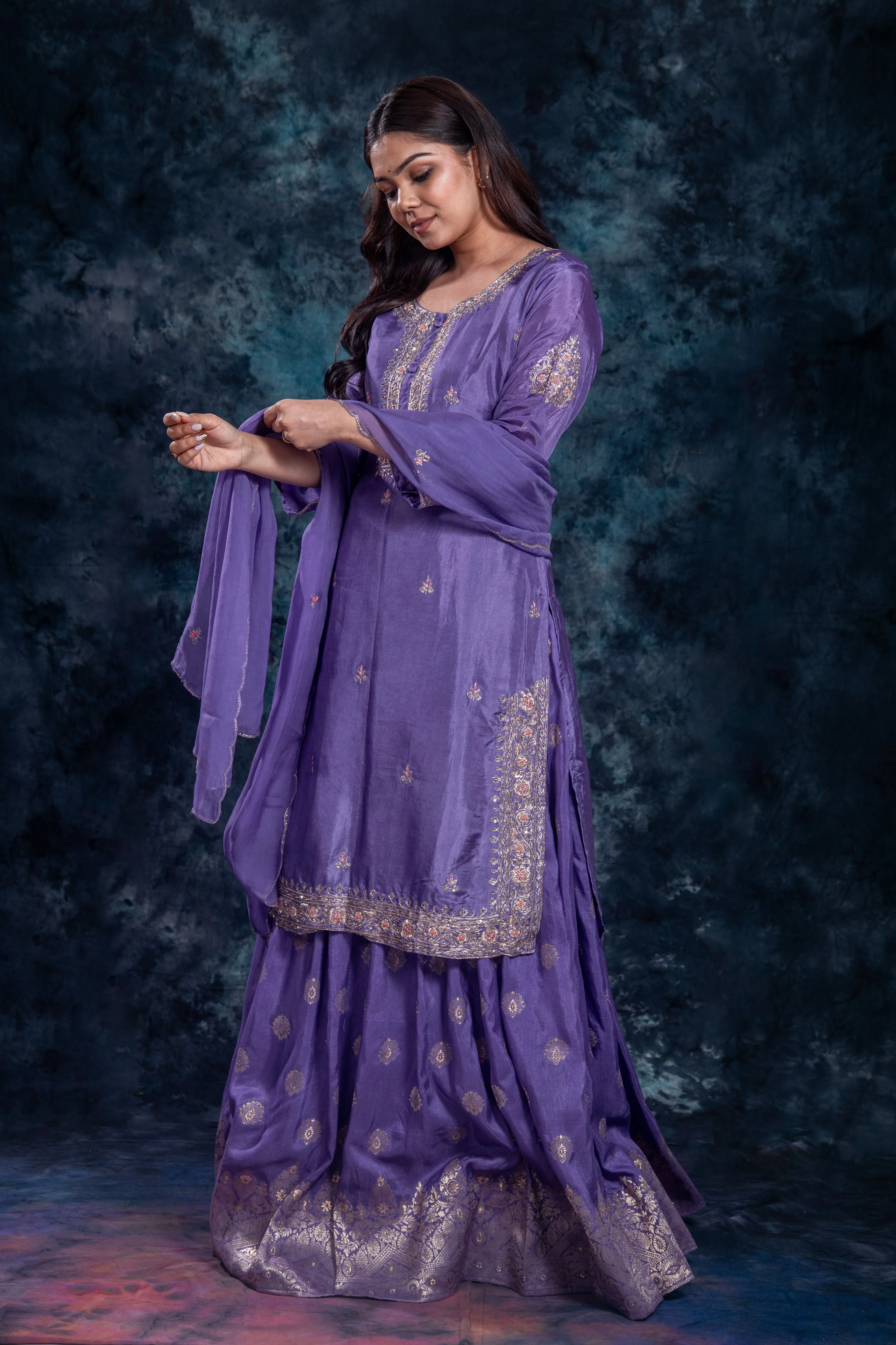 Purple Embellished Premium Silk Skirt Set - Image 3