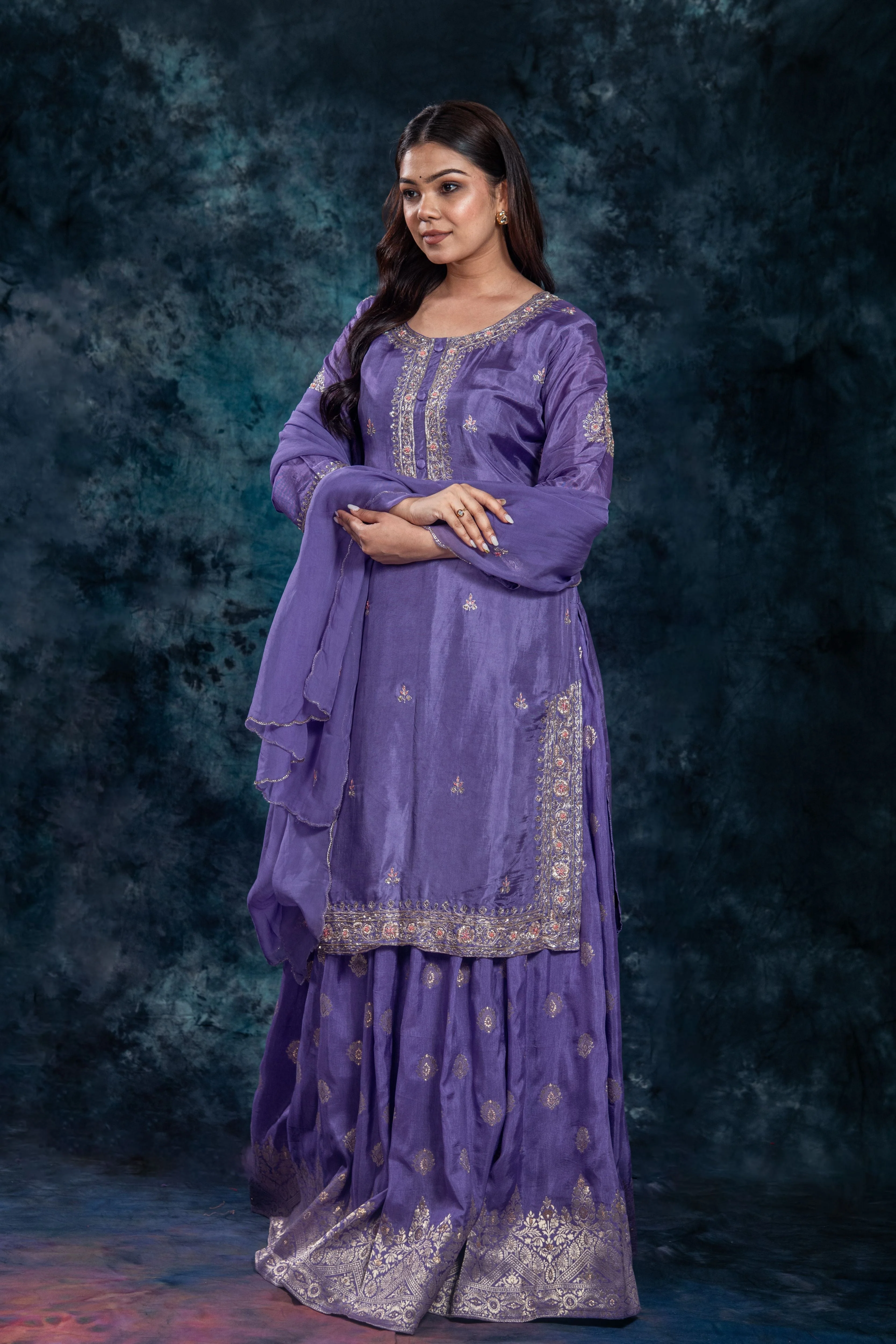 Purple Embellished Premium Silk Skirt Set - Image 4