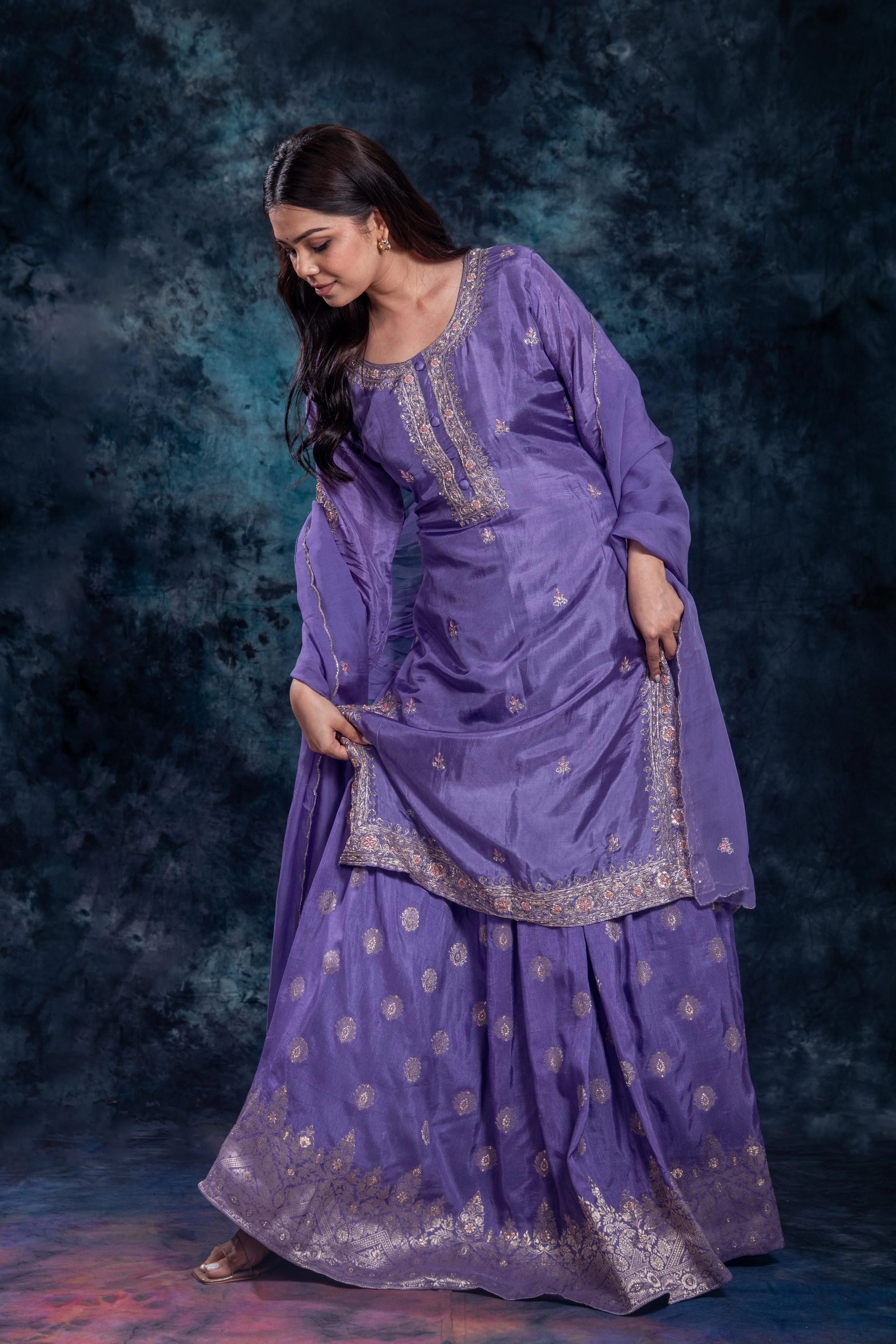 Purple Embellished Premium Silk Skirt Set - Image 5