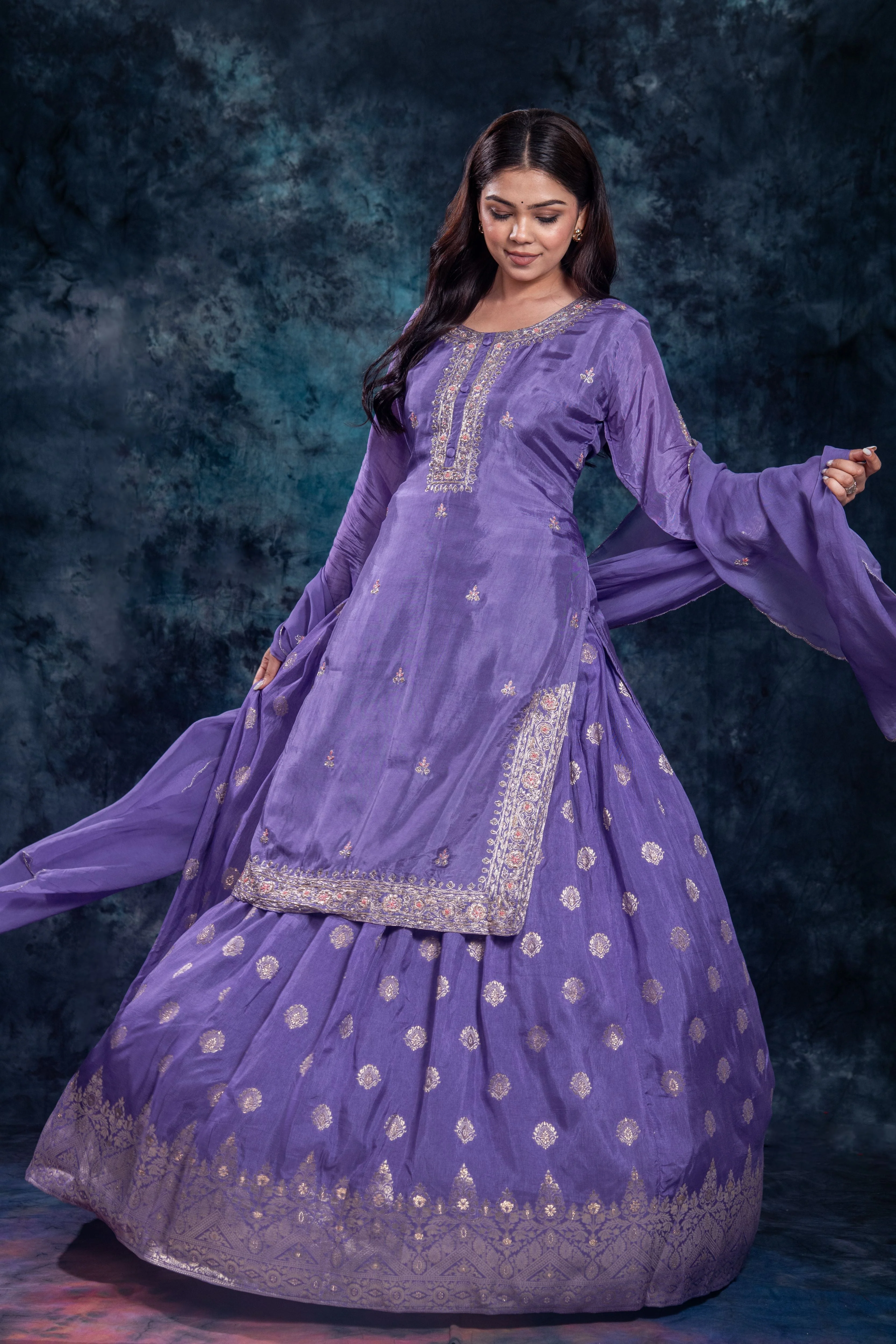 Purple Embellished Premium Silk Skirt Set - Image 6
