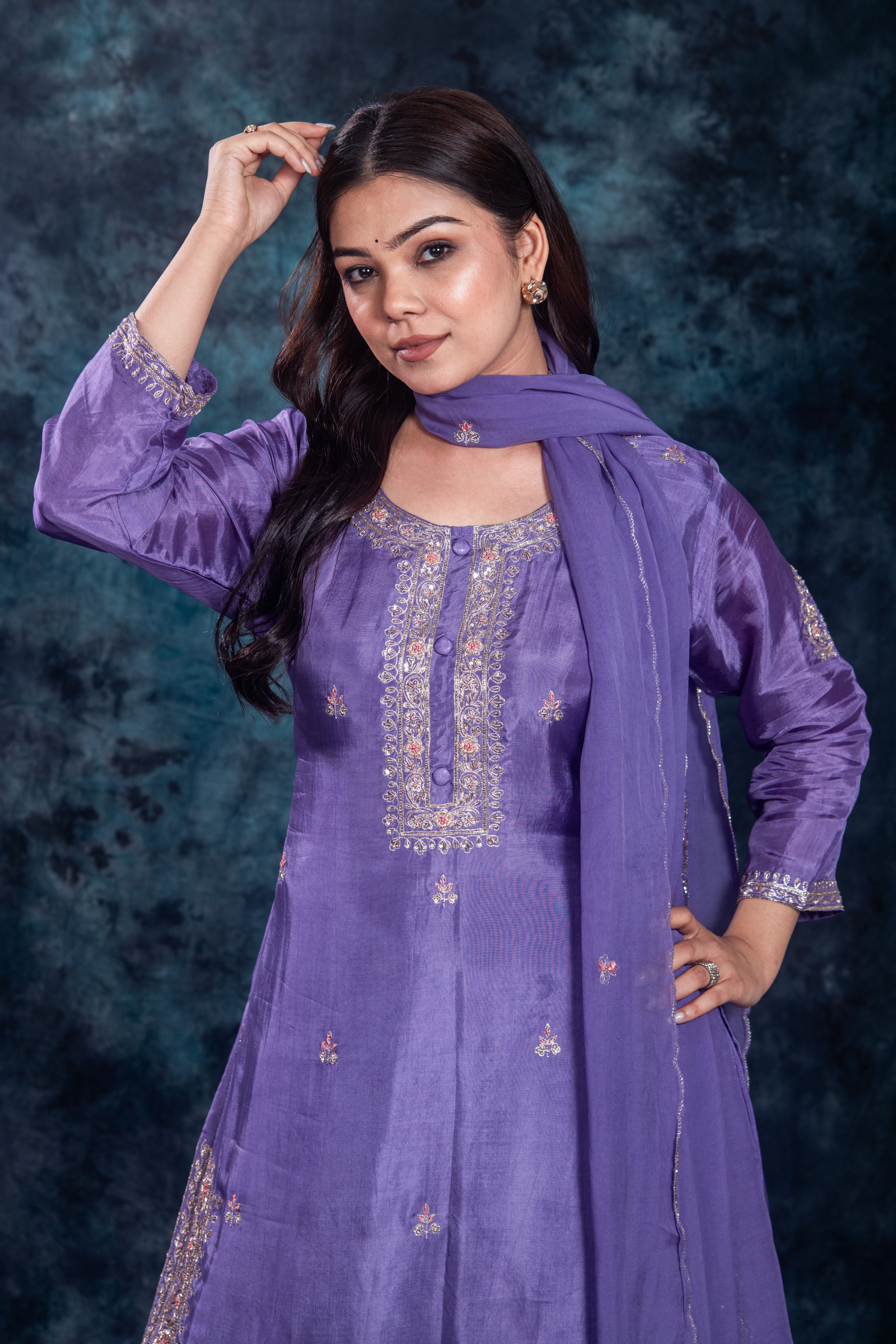 Purple Embellished Premium Silk Skirt Set - Image 7