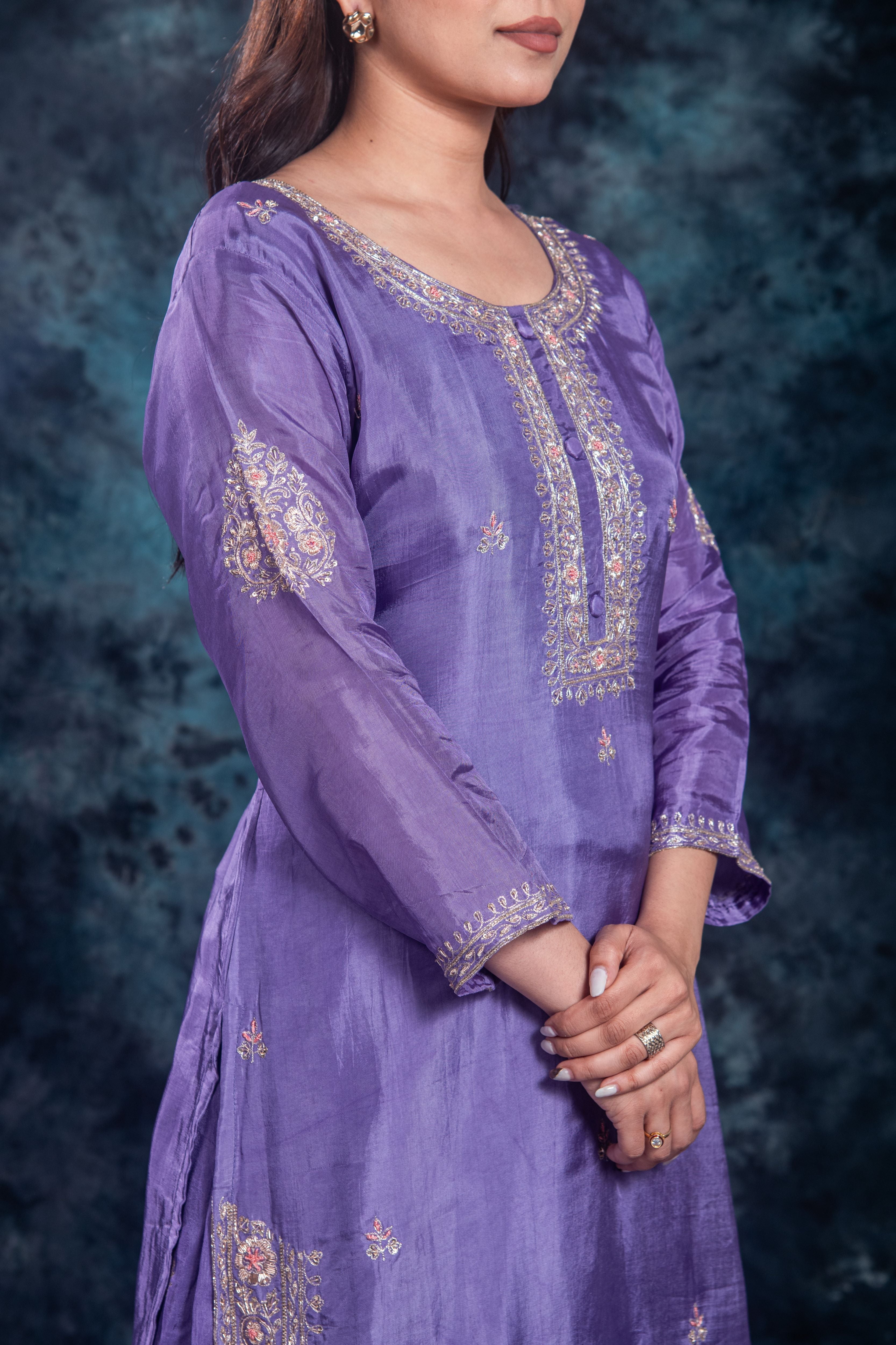 Purple Embellished Premium Silk Skirt Set - Image 8