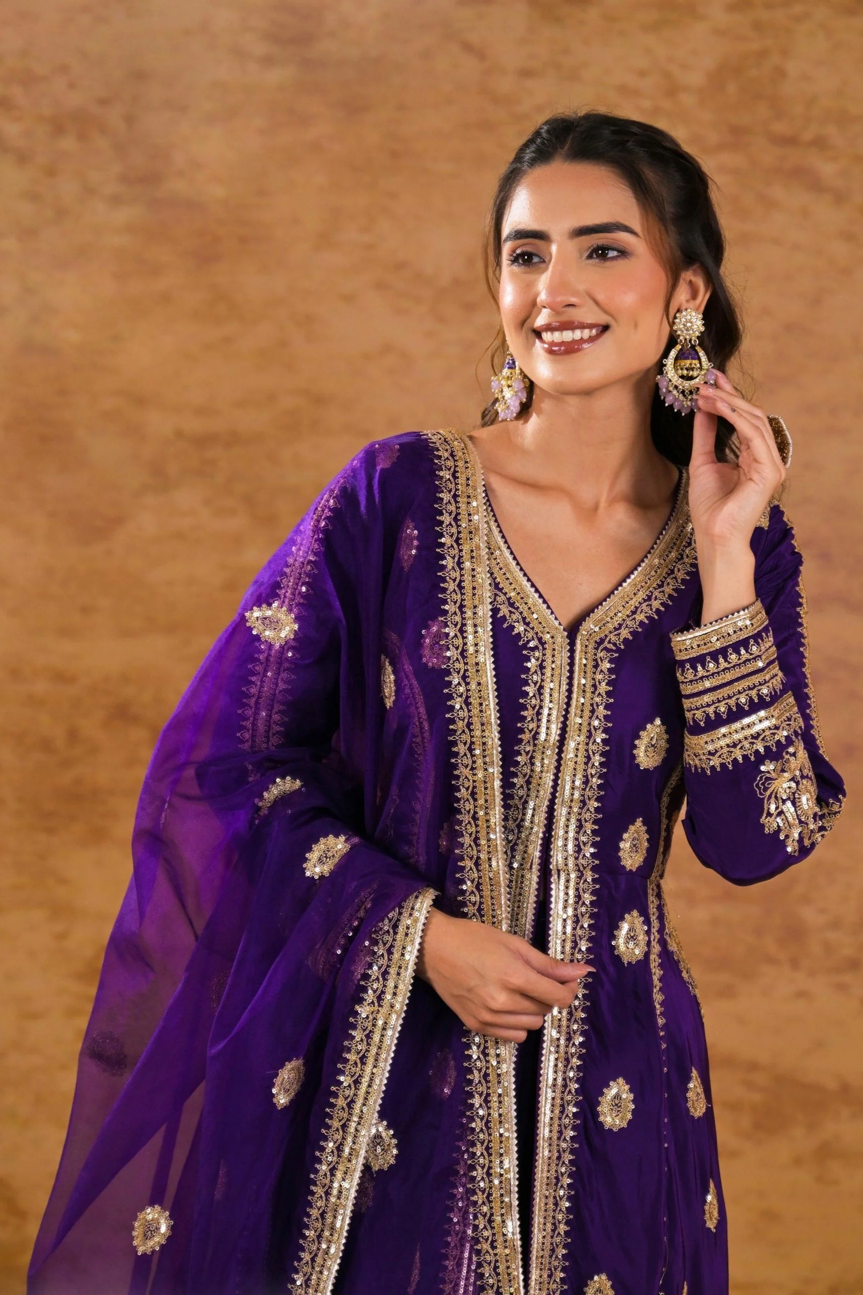 Purple Embellished Pure Silk Anarkali Set - Image 2