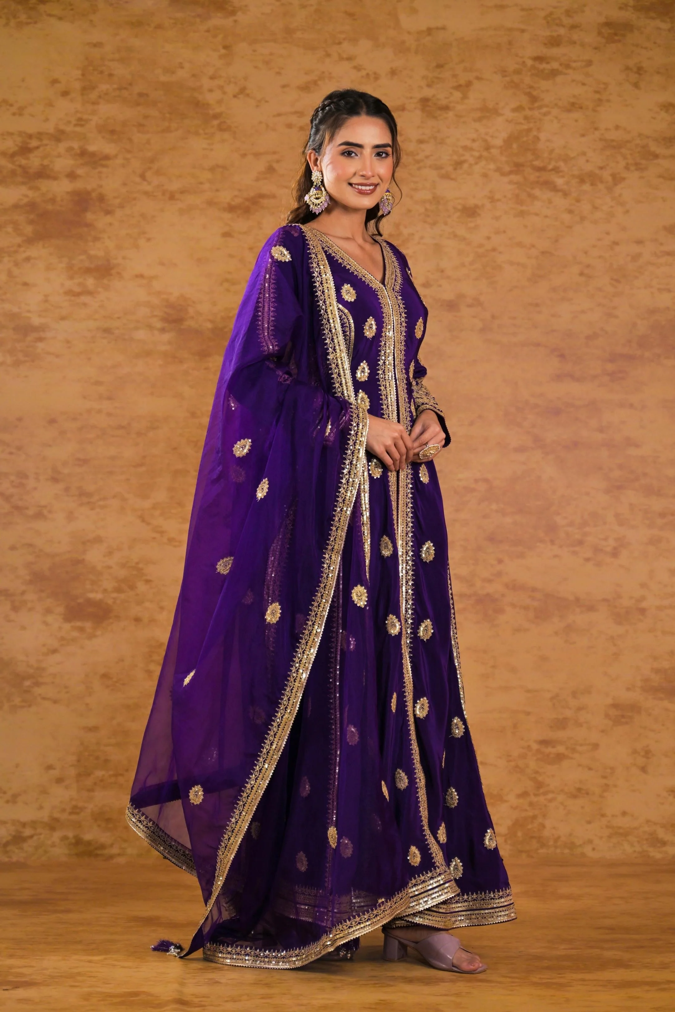 Purple Embellished Pure Silk Anarkali Set - Image 3