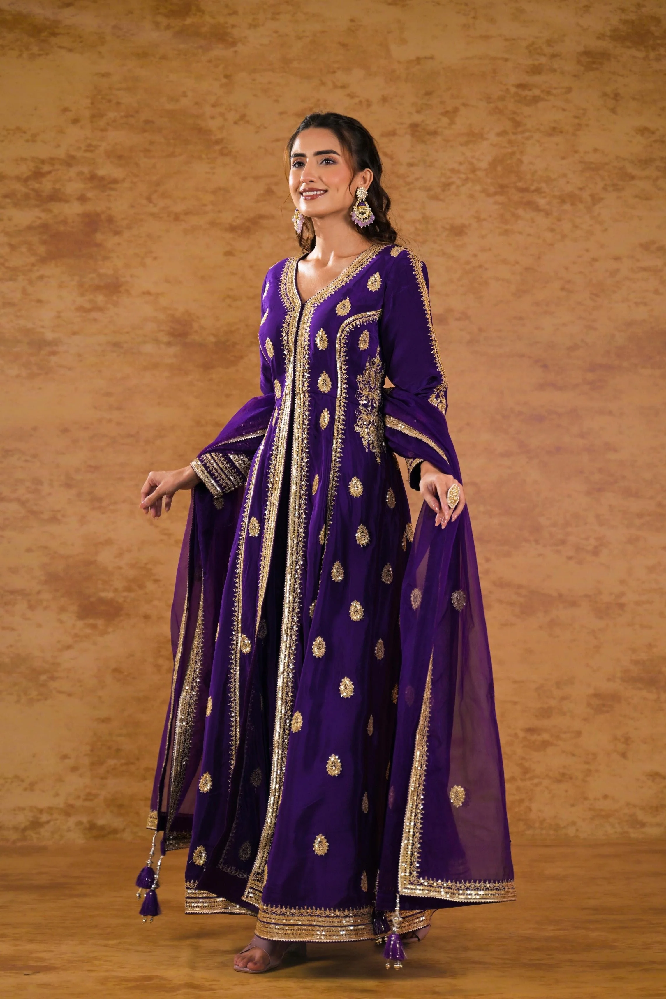 Purple Embellished Pure Silk Anarkali Set - Image 4