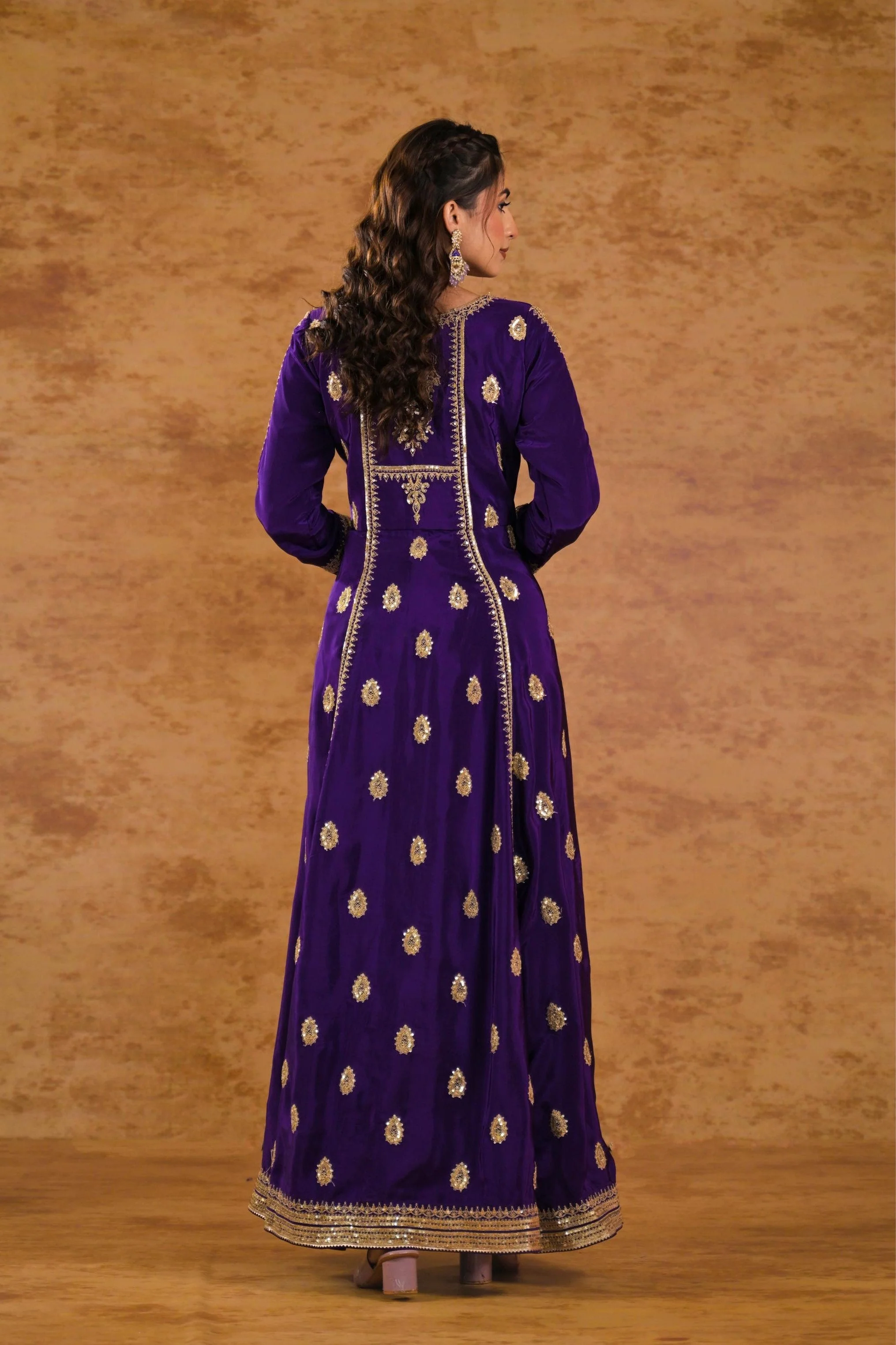 Purple Embellished Pure Silk Anarkali Set - Image 5