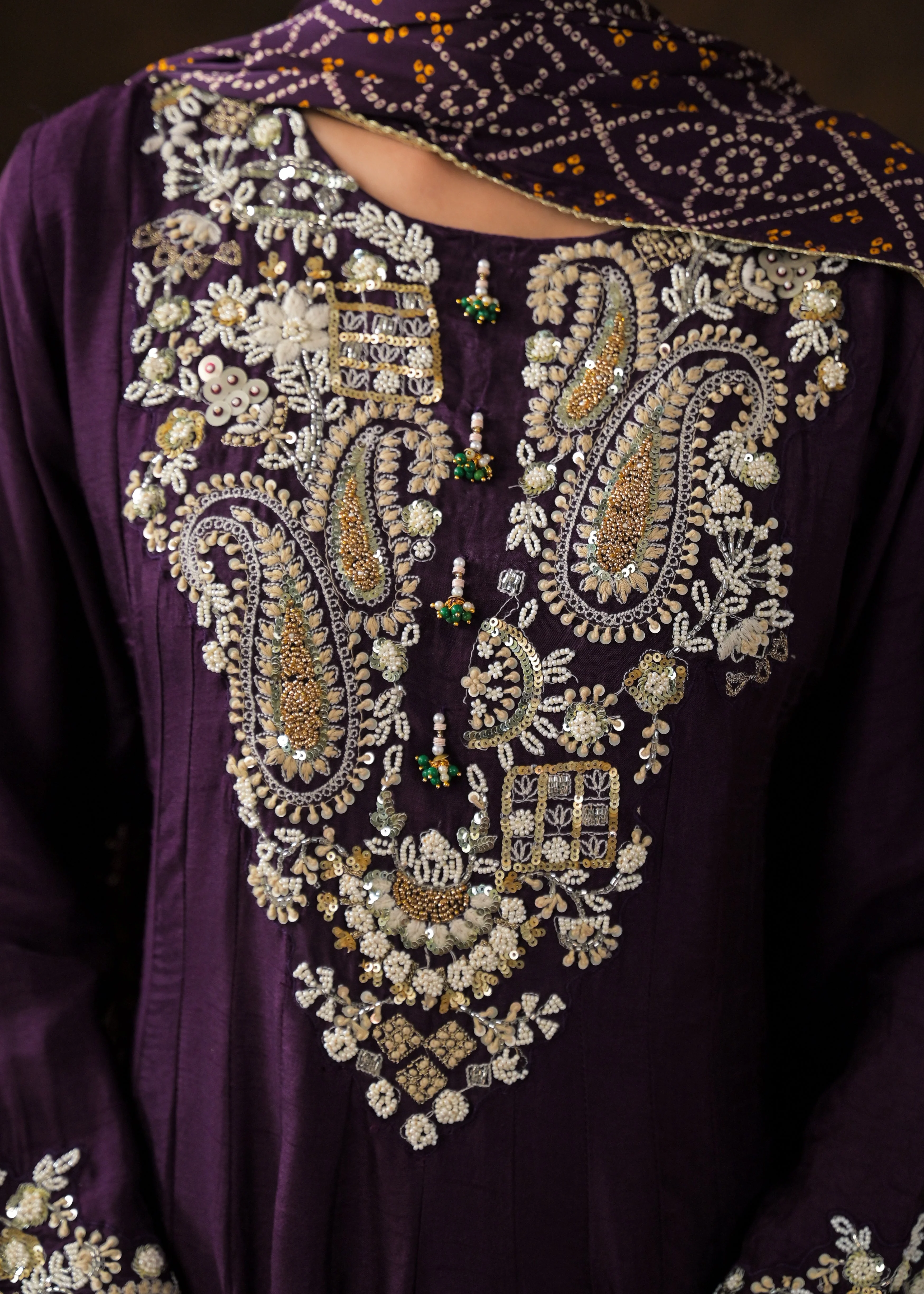 Plum Purple Embellished Raw Silk Anarkali Set - Image 2