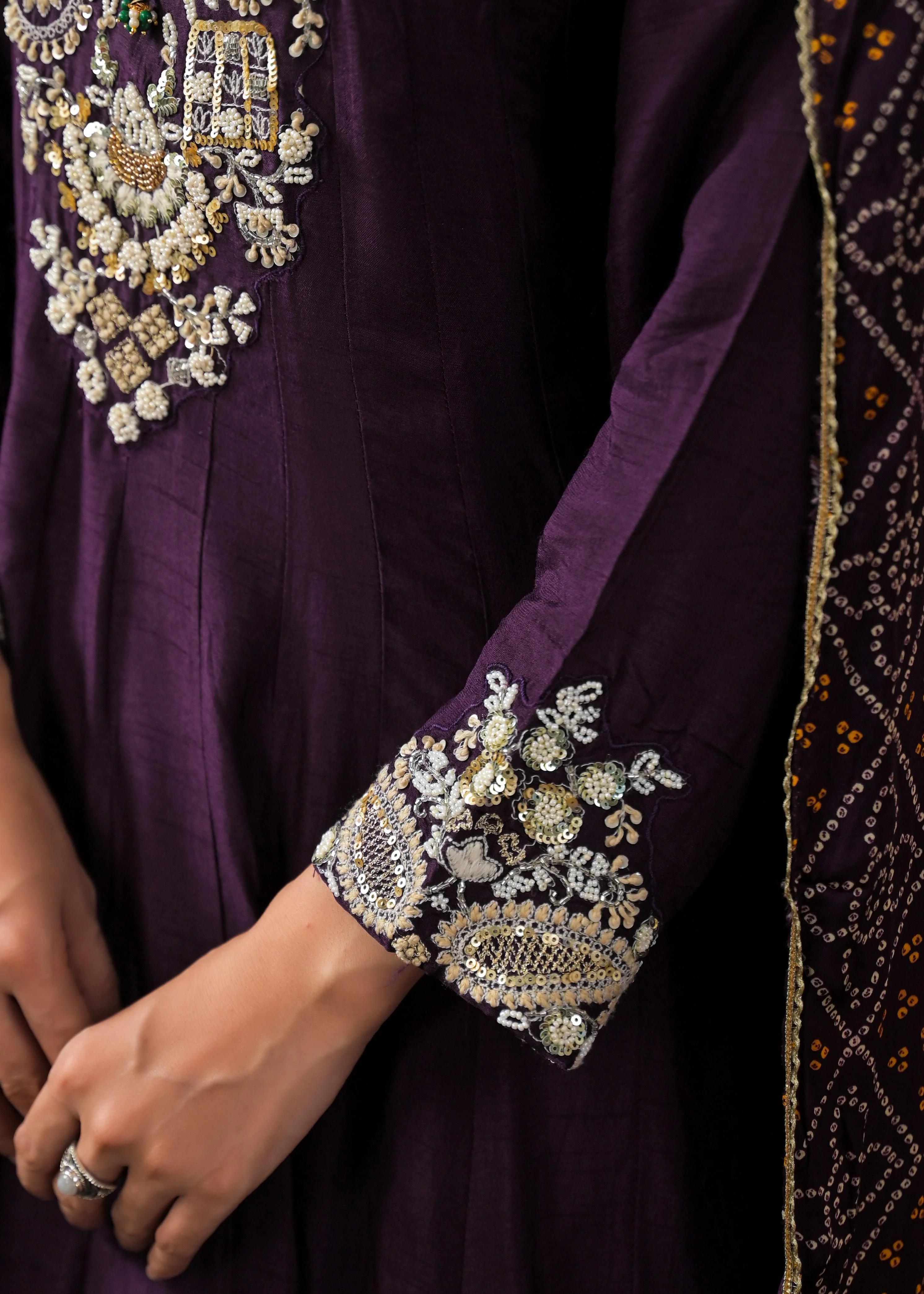 Plum Purple Embellished Raw Silk Anarkali Set - Image 3