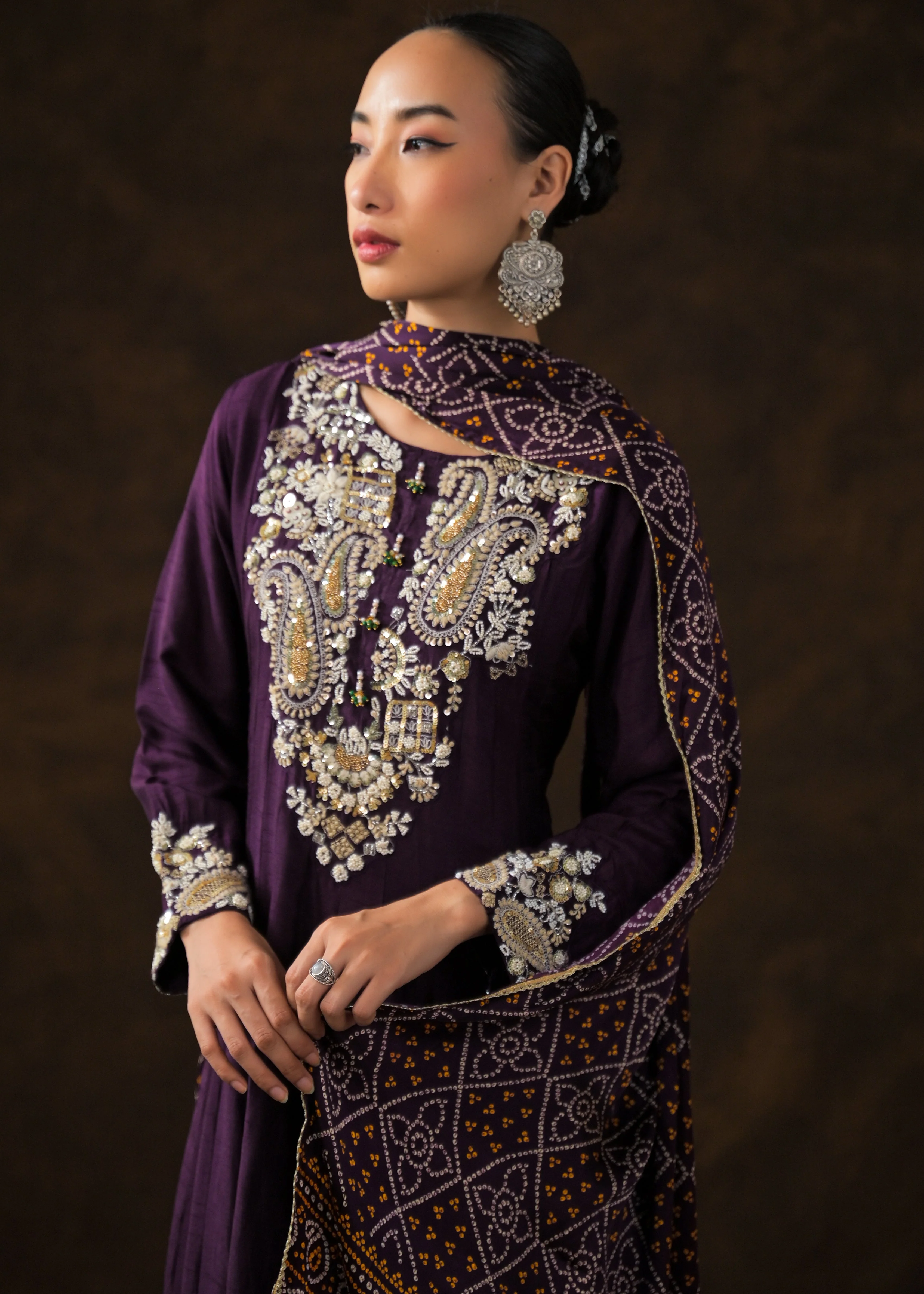 Plum Purple Embellished Raw Silk Anarkali Set - Image 4