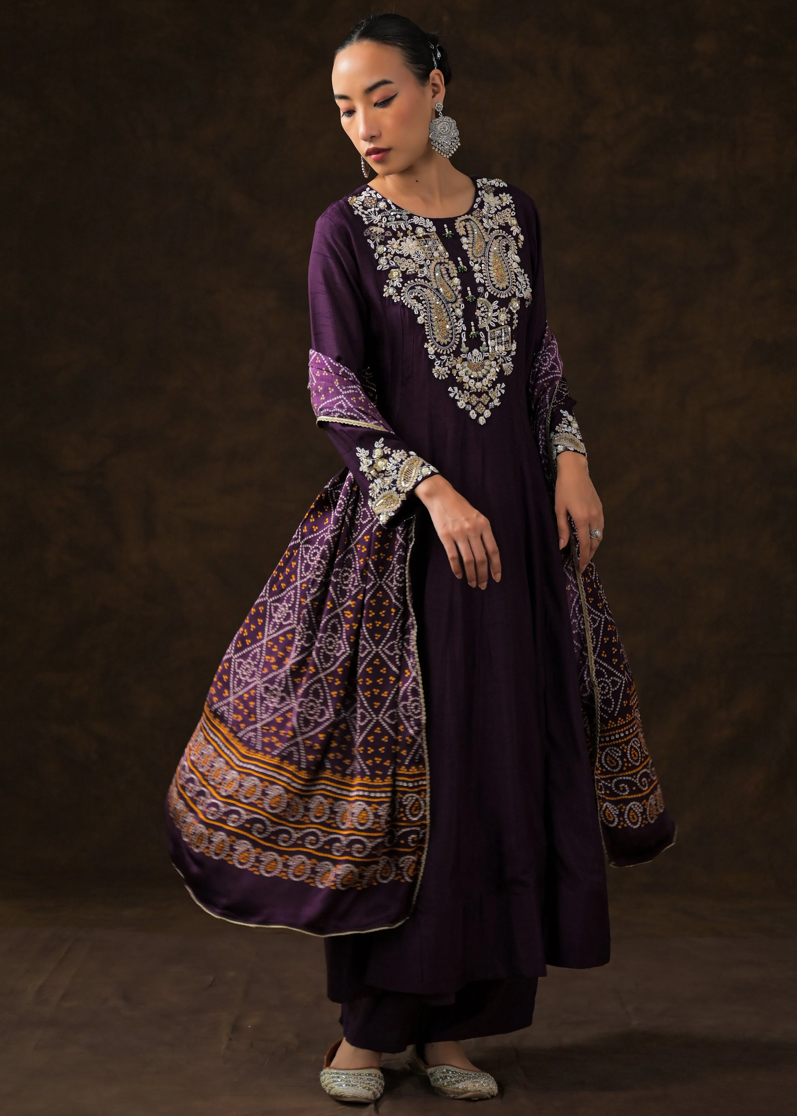 Plum Purple Embellished Raw Silk Anarkali Set - Image 5