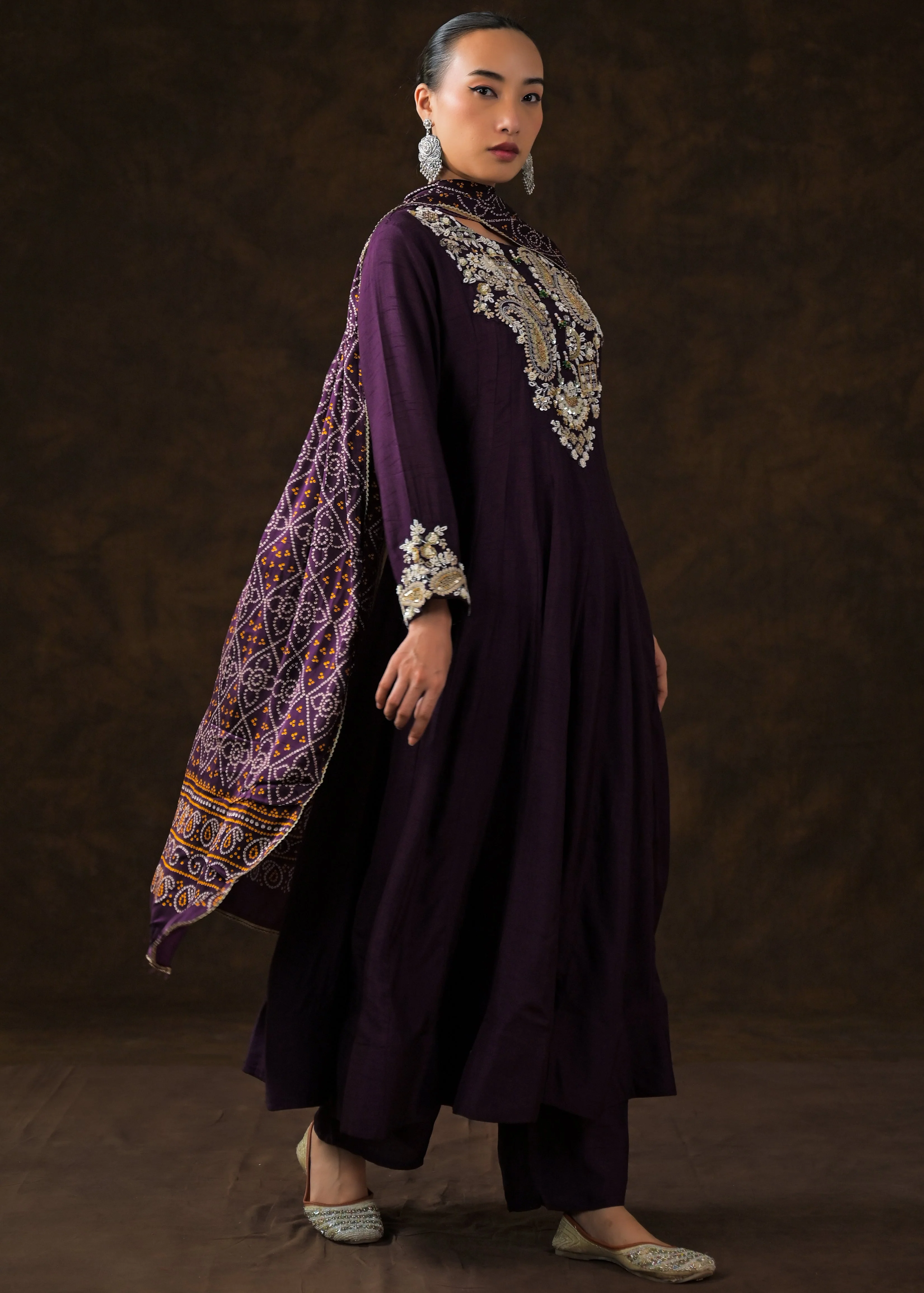 Plum Purple Embellished Raw Silk Anarkali Set - Image 6