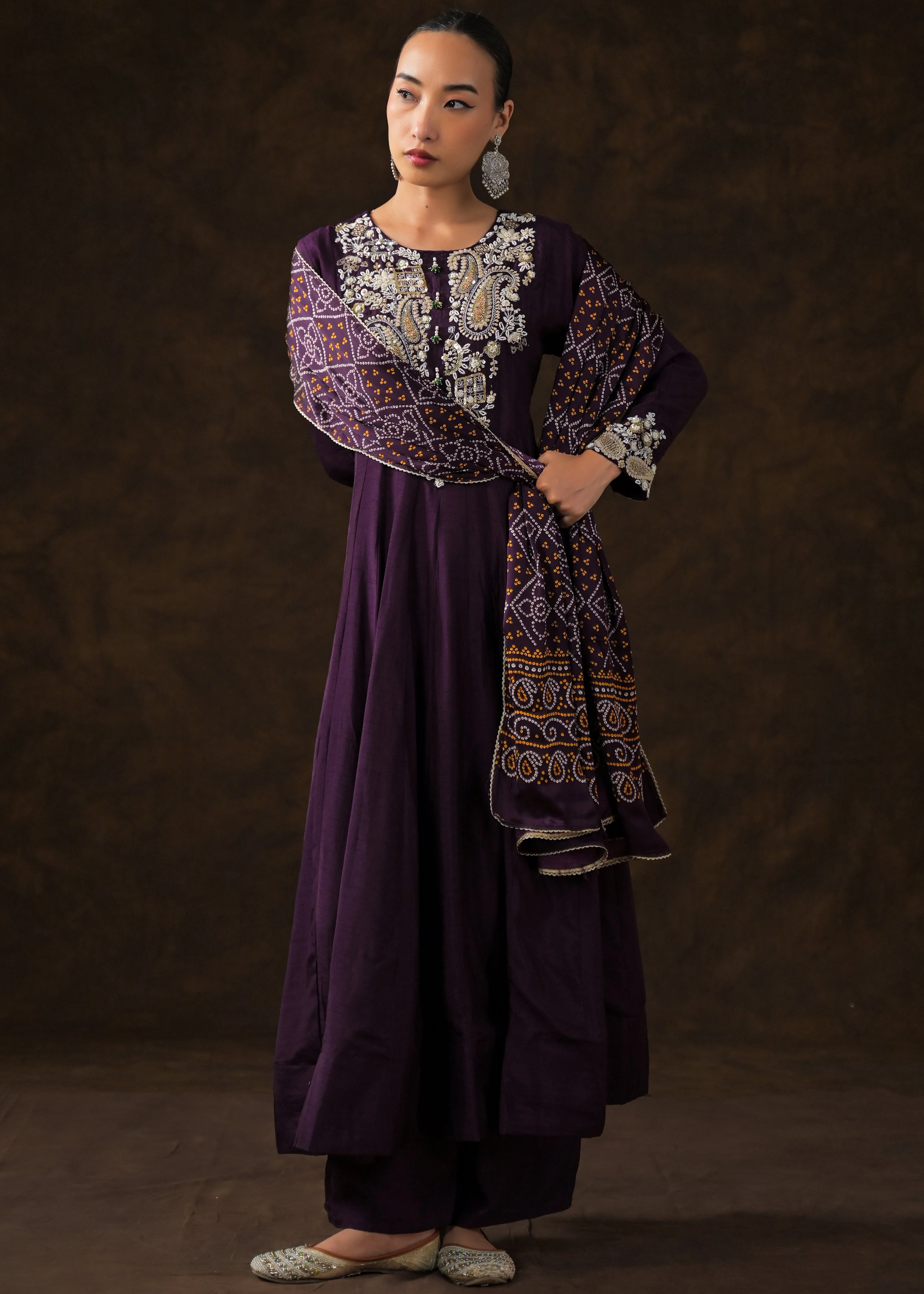 Plum Purple Embellished Raw Silk Anarkali Set - Image 7