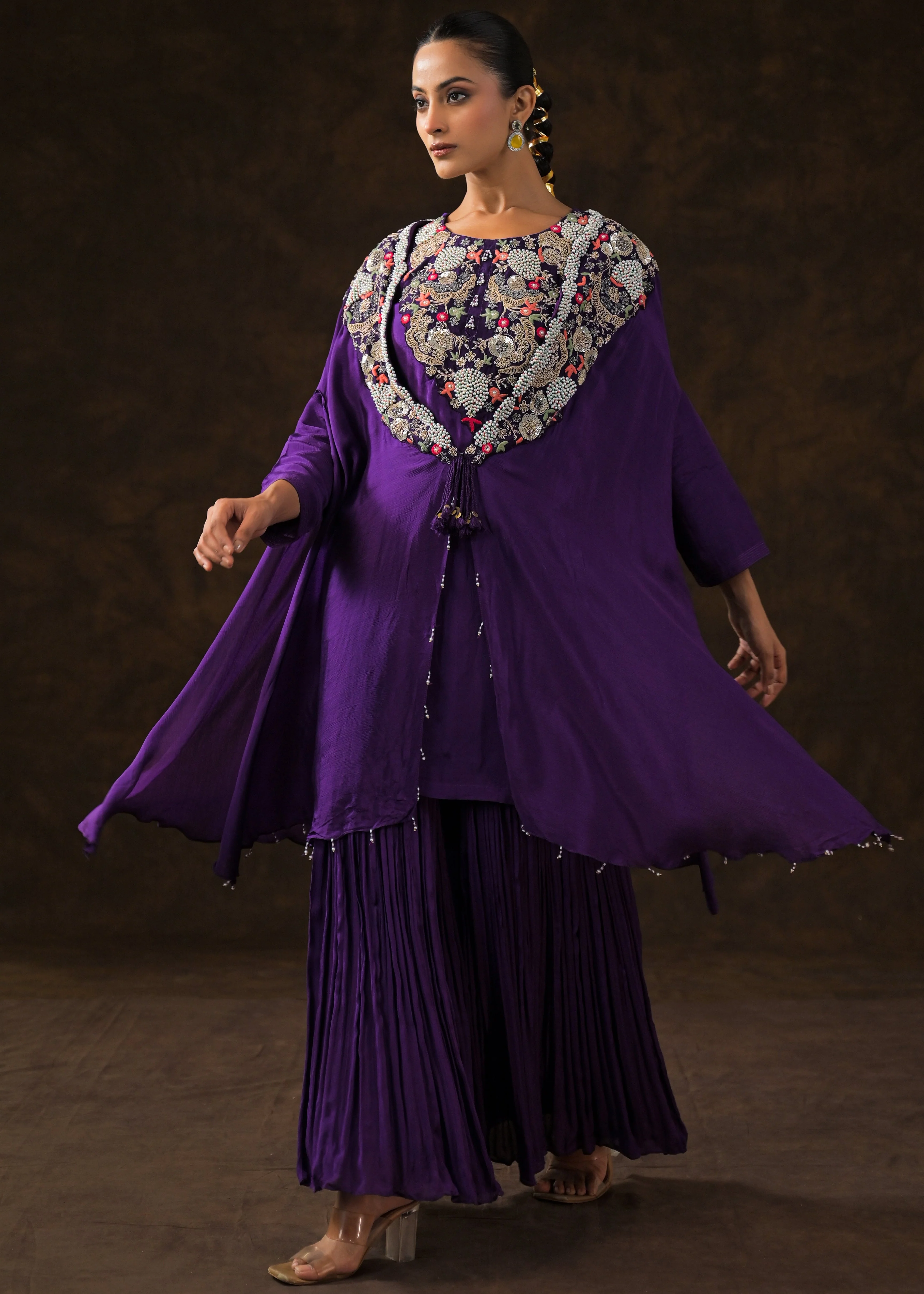 Regal Voilet Embellished Chinon Silk Sharara Set - Image 5