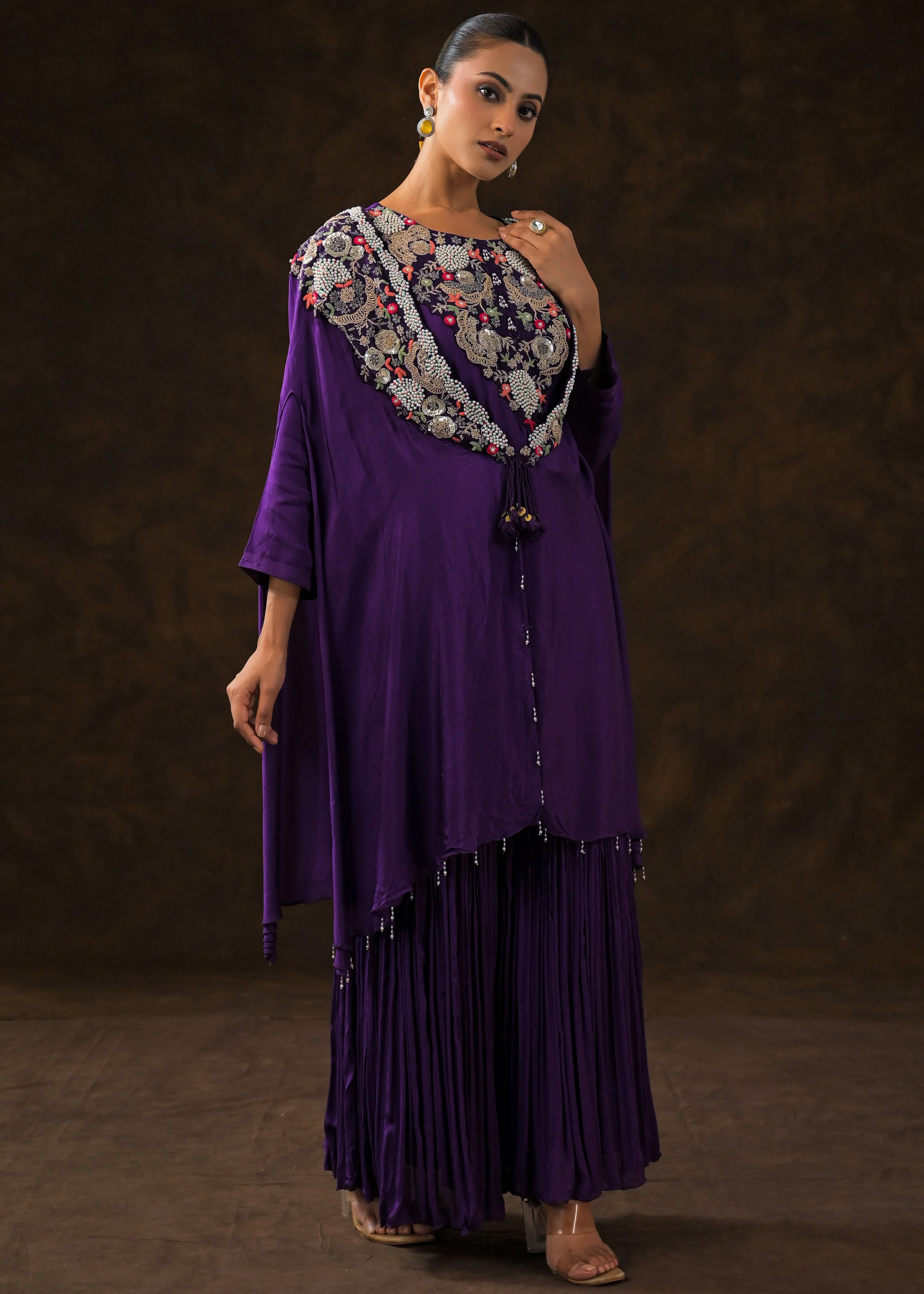 Regal Voilet Embellished Chinon Silk Sharara Set - Image 6