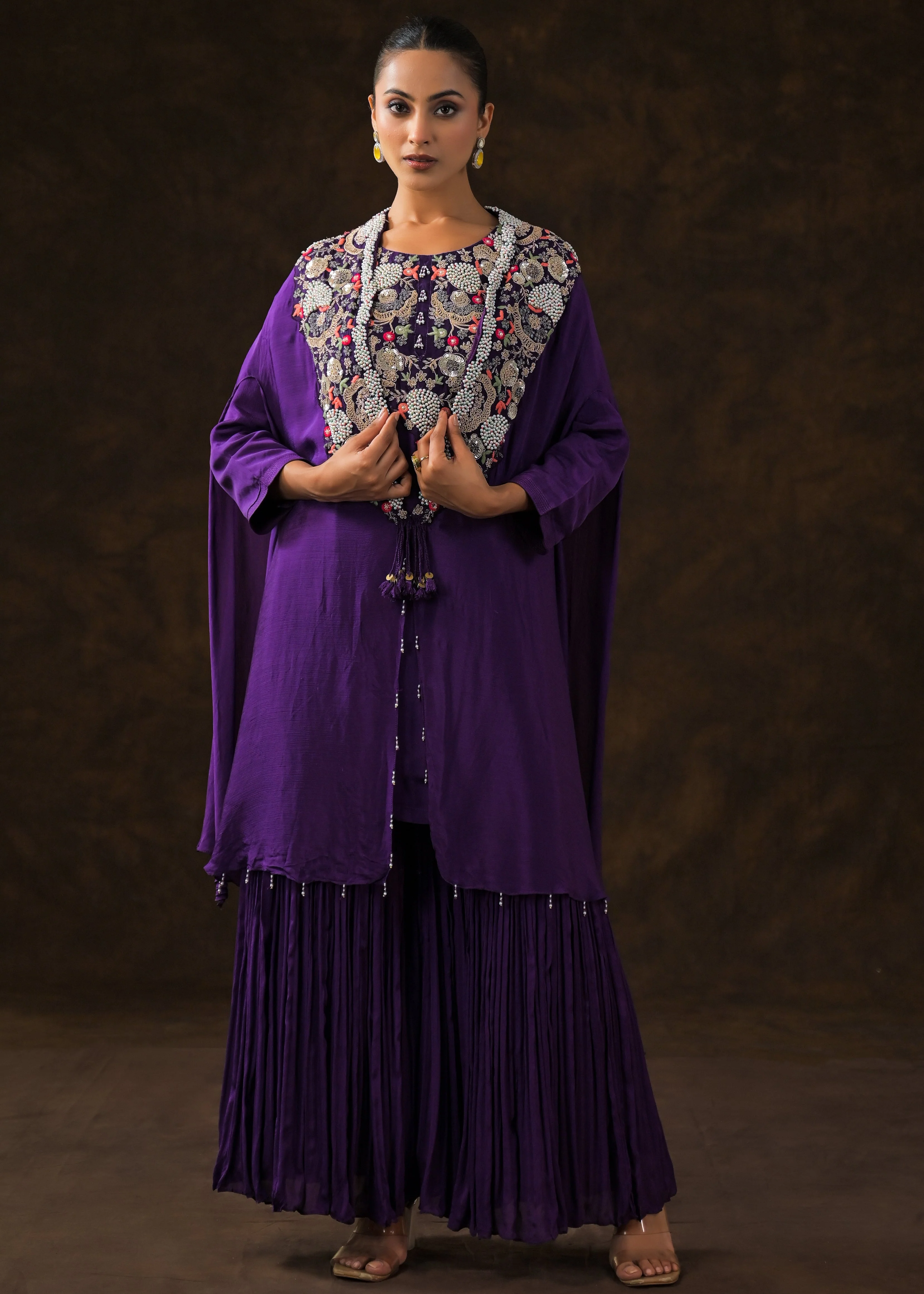 Regal Voilet Embellished Chinon Silk Sharara Set - Image 7