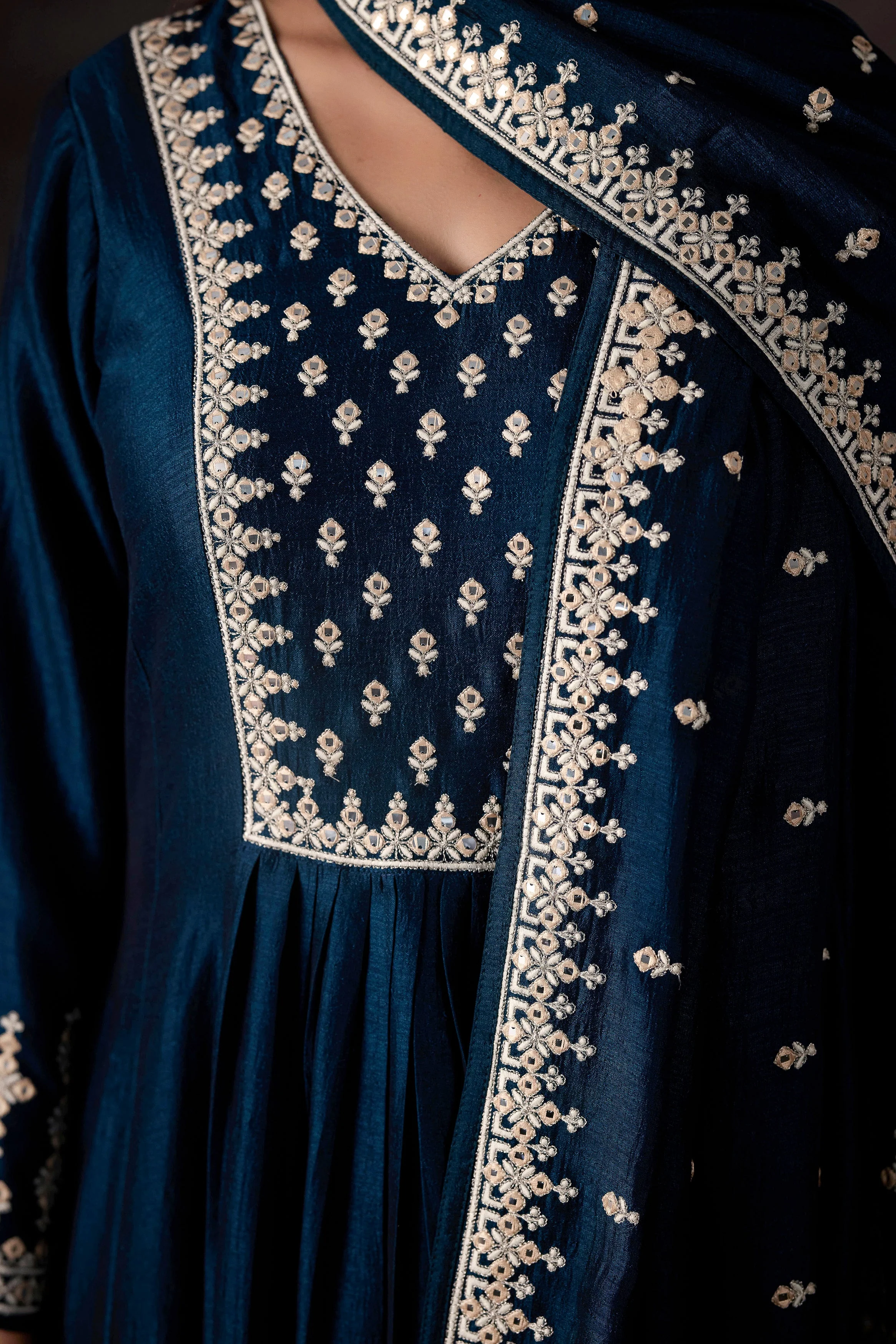 Teal Blue Embellished Raw Silk Anarkali Set - Image 2