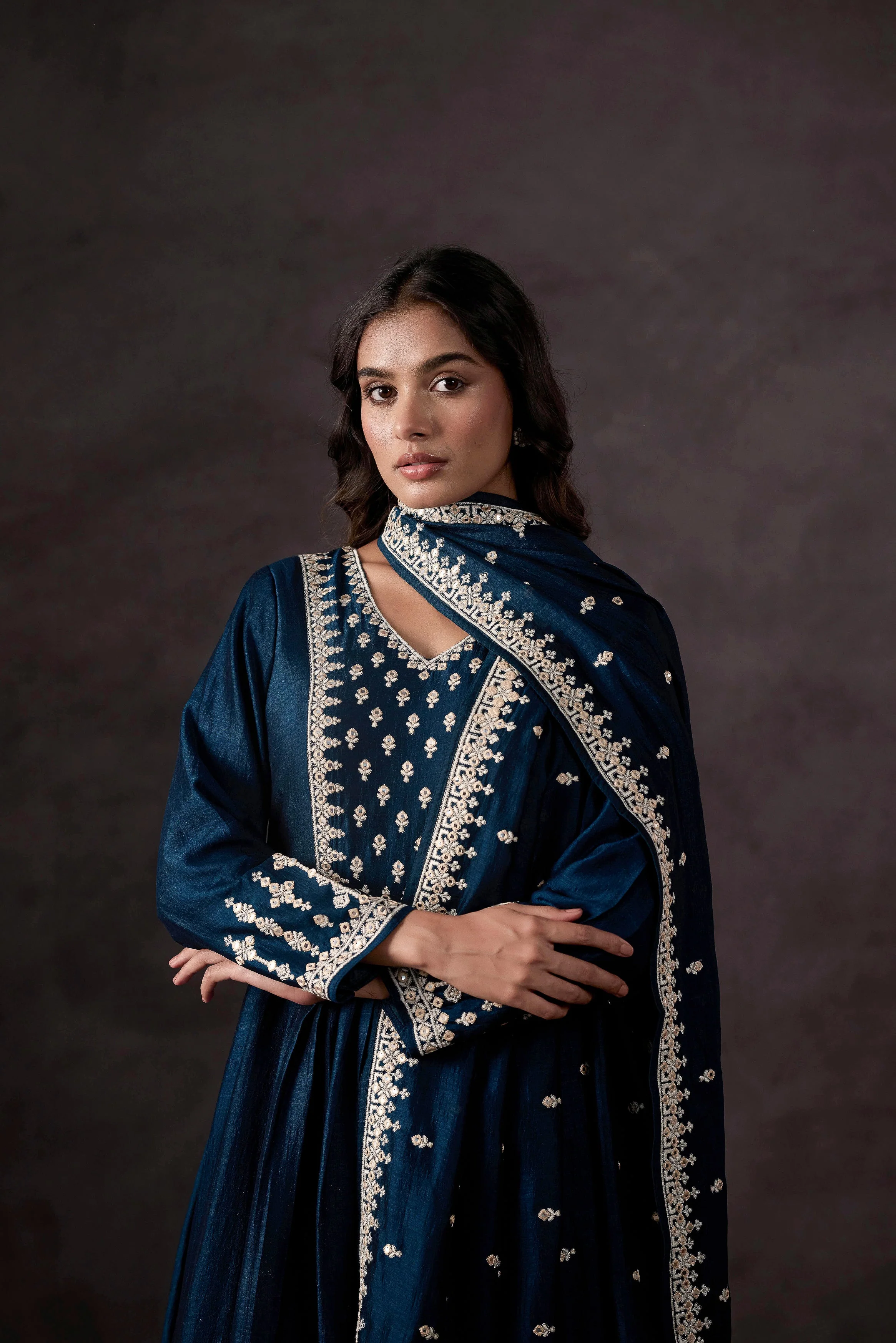 Teal Blue Embellished Raw Silk Anarkali Set - Image 3