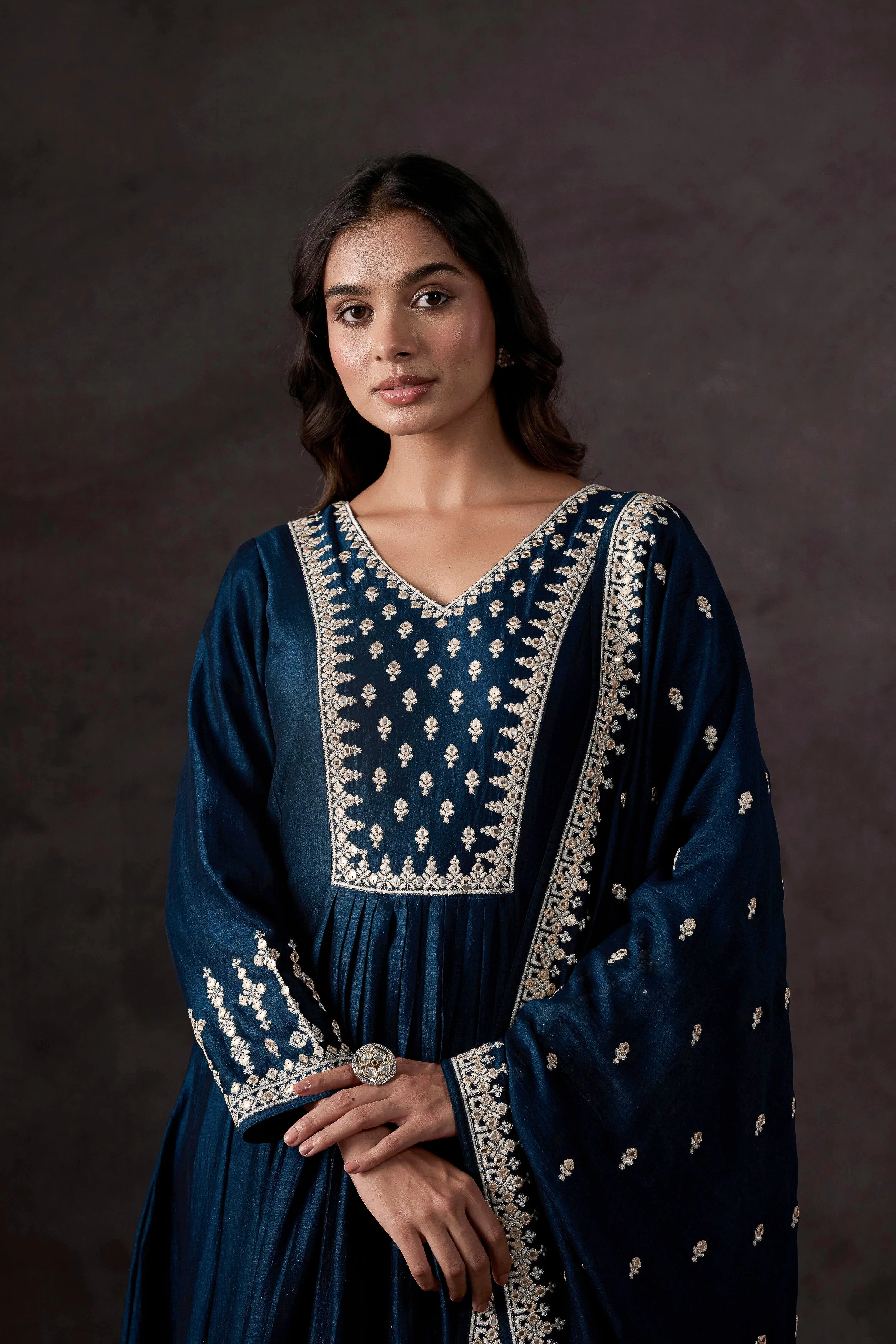 Teal Blue Embellished Raw Silk Anarkali Set - Image 4