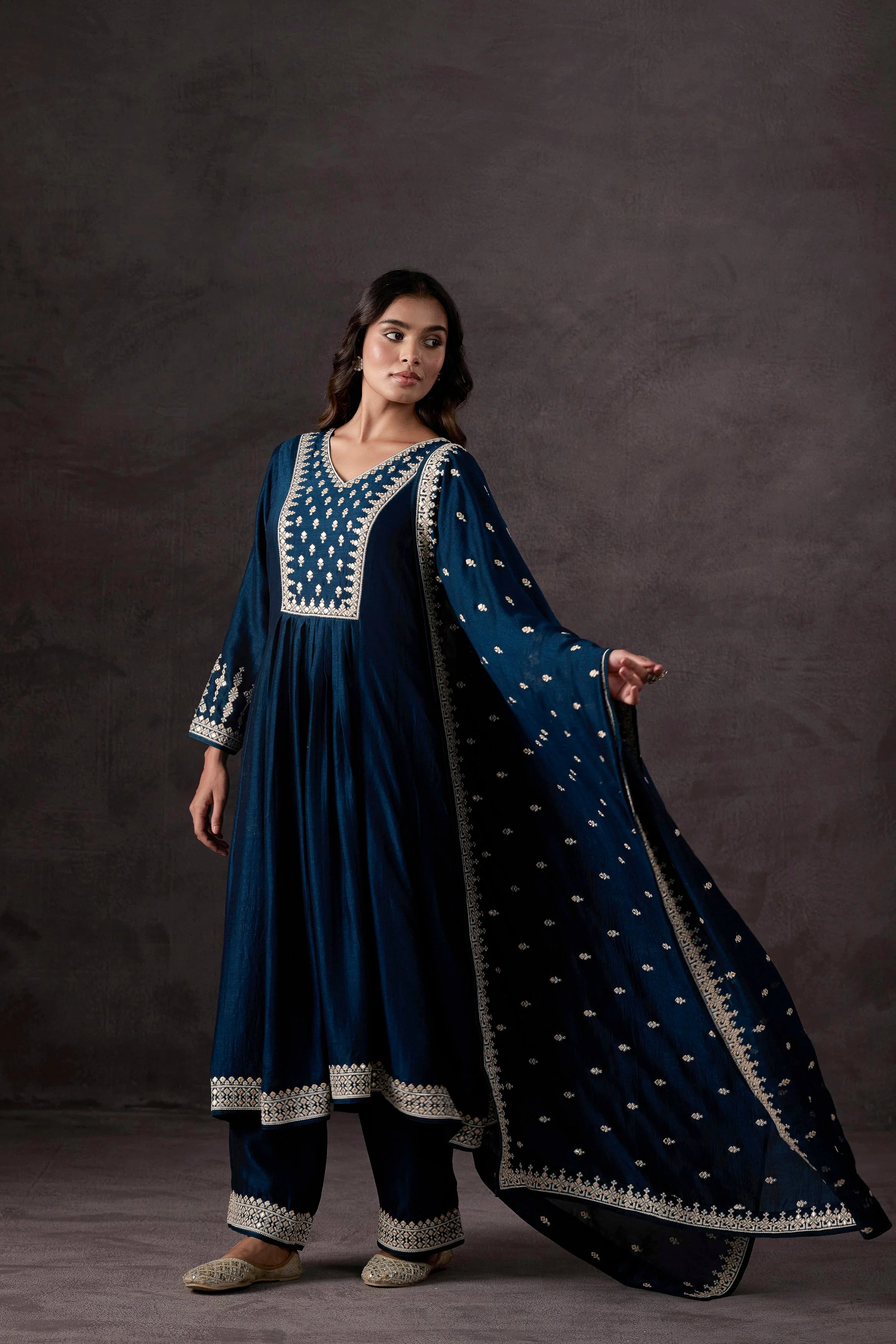Teal Blue Embellished Raw Silk Anarkali Set - Image 5