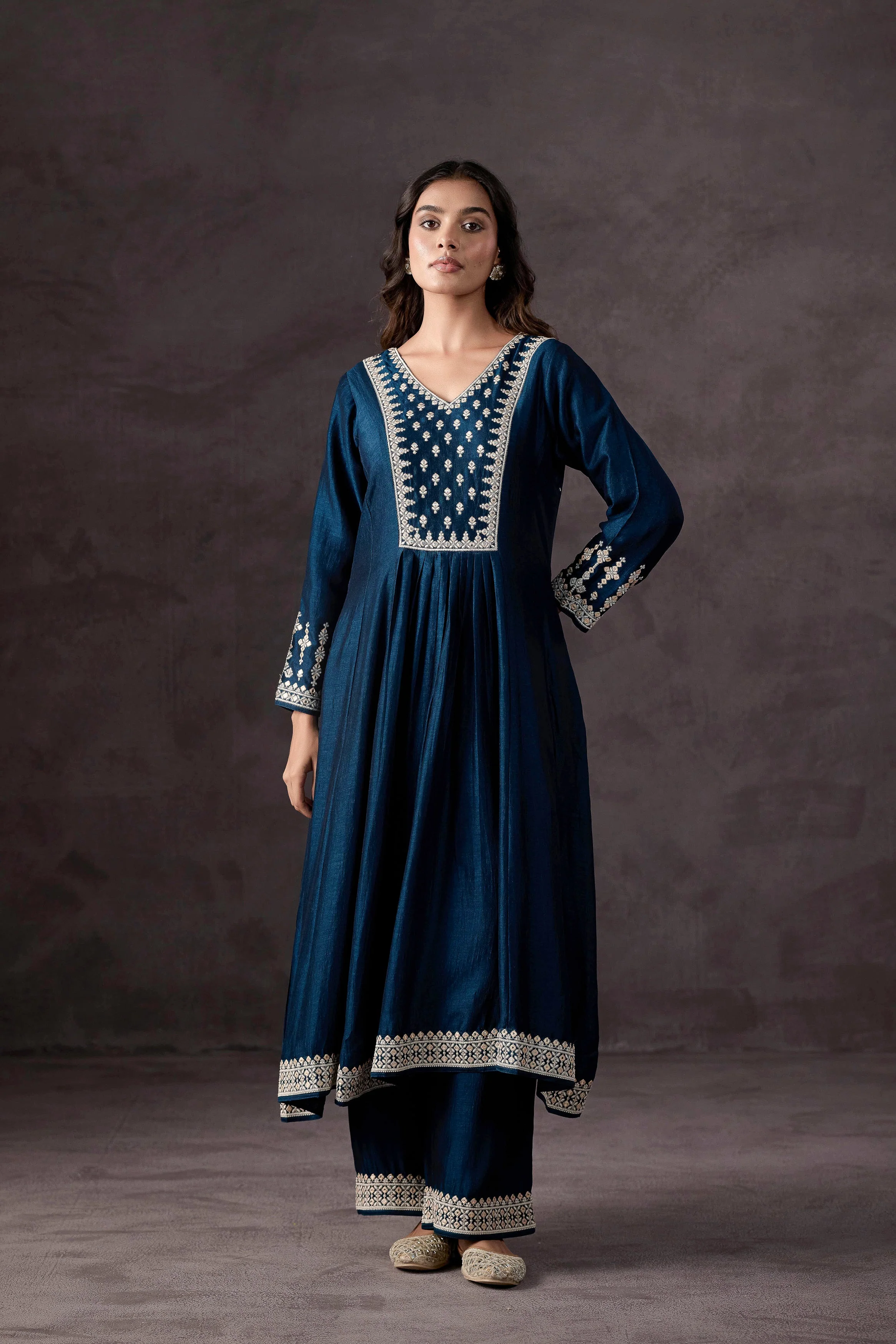 Teal Blue Embellished Raw Silk Anarkali Set - Image 6