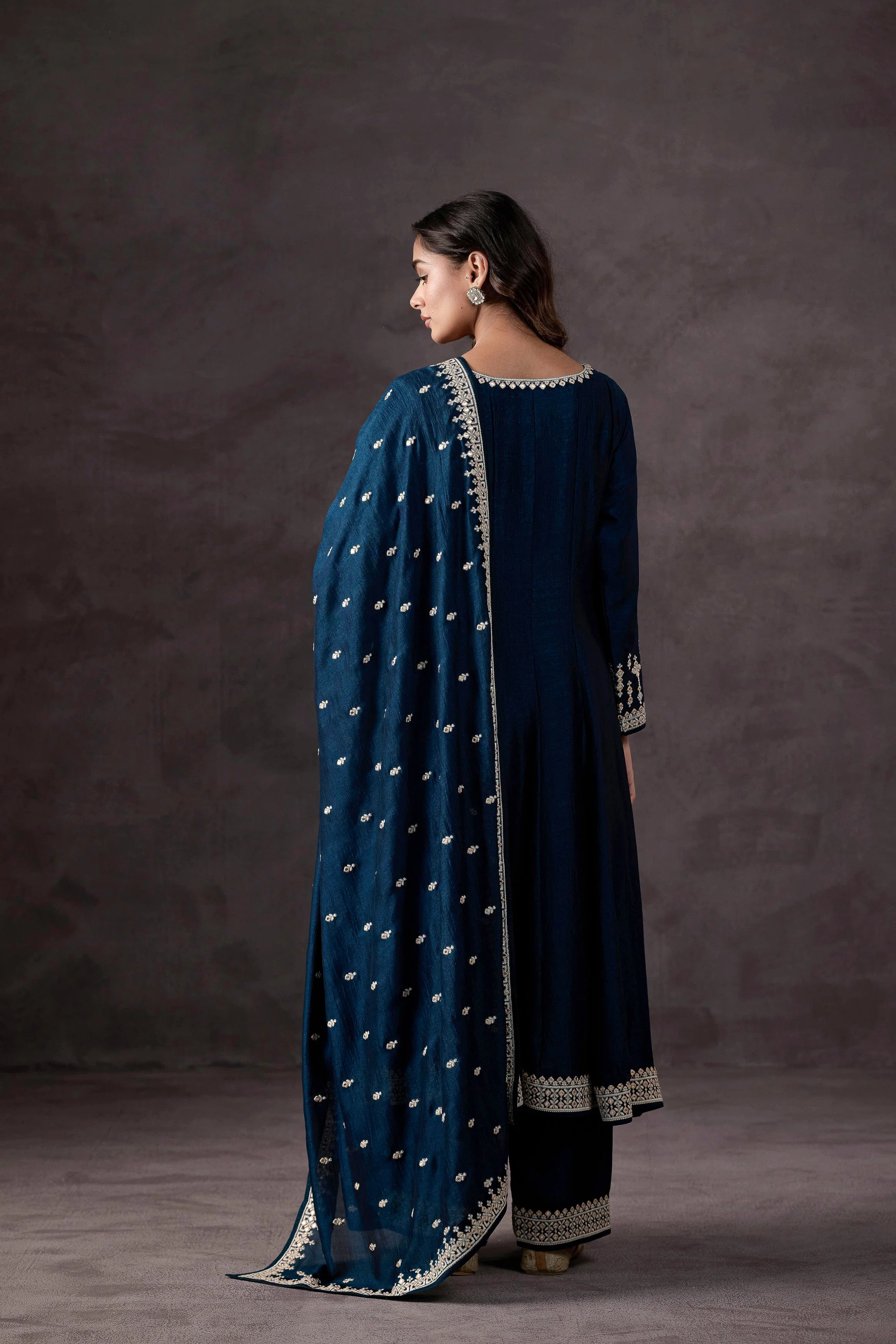 Teal Blue Embellished Raw Silk Anarkali Set - Image 7