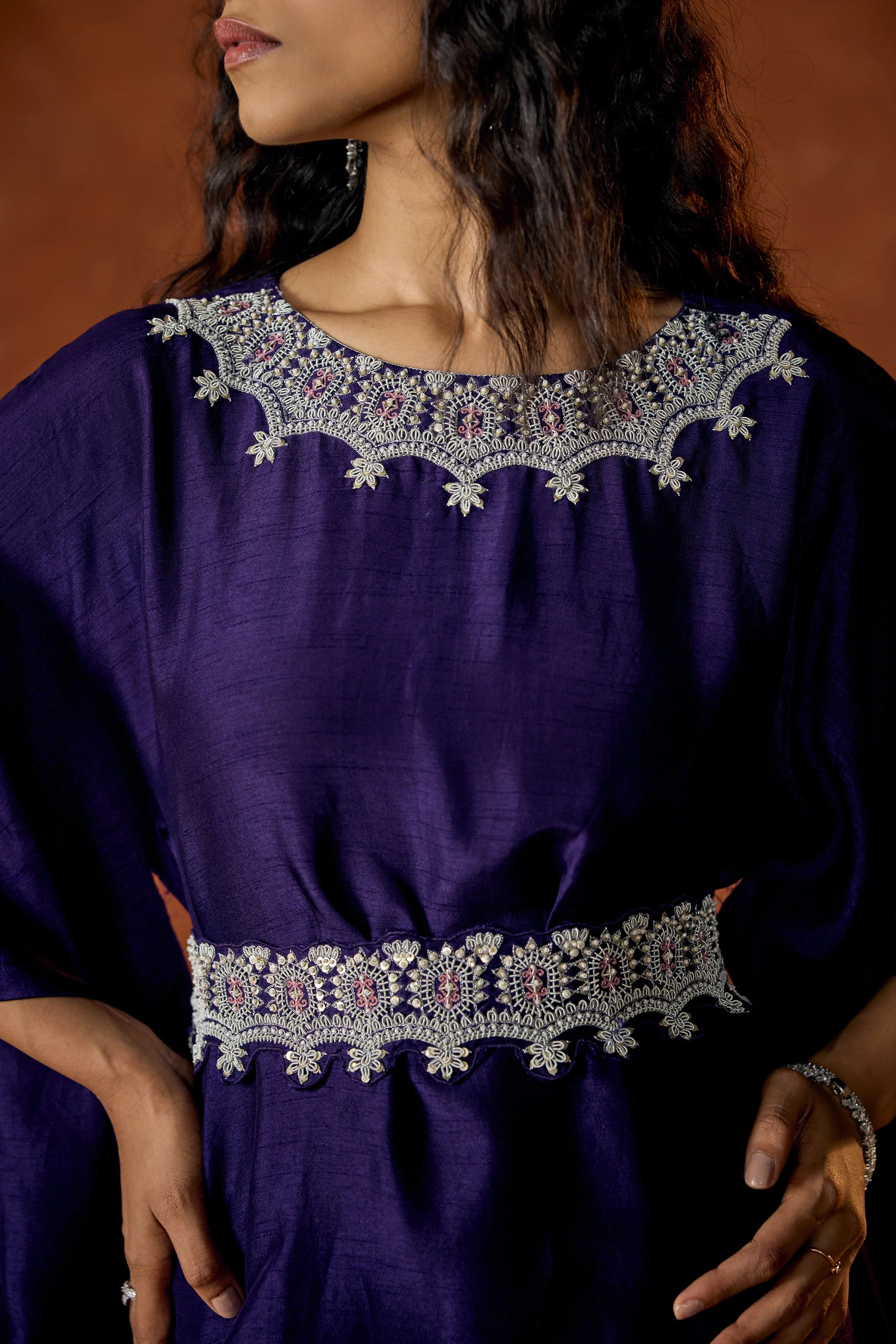 Imperial Purple Embellished Raw Silk Kaftan Set - Image 2