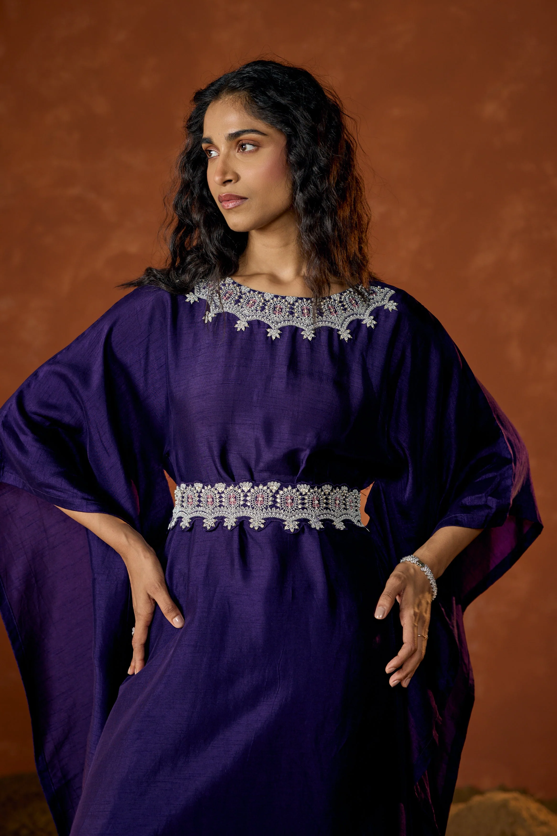 Imperial Purple Embellished Raw Silk Kaftan Set - Image 3