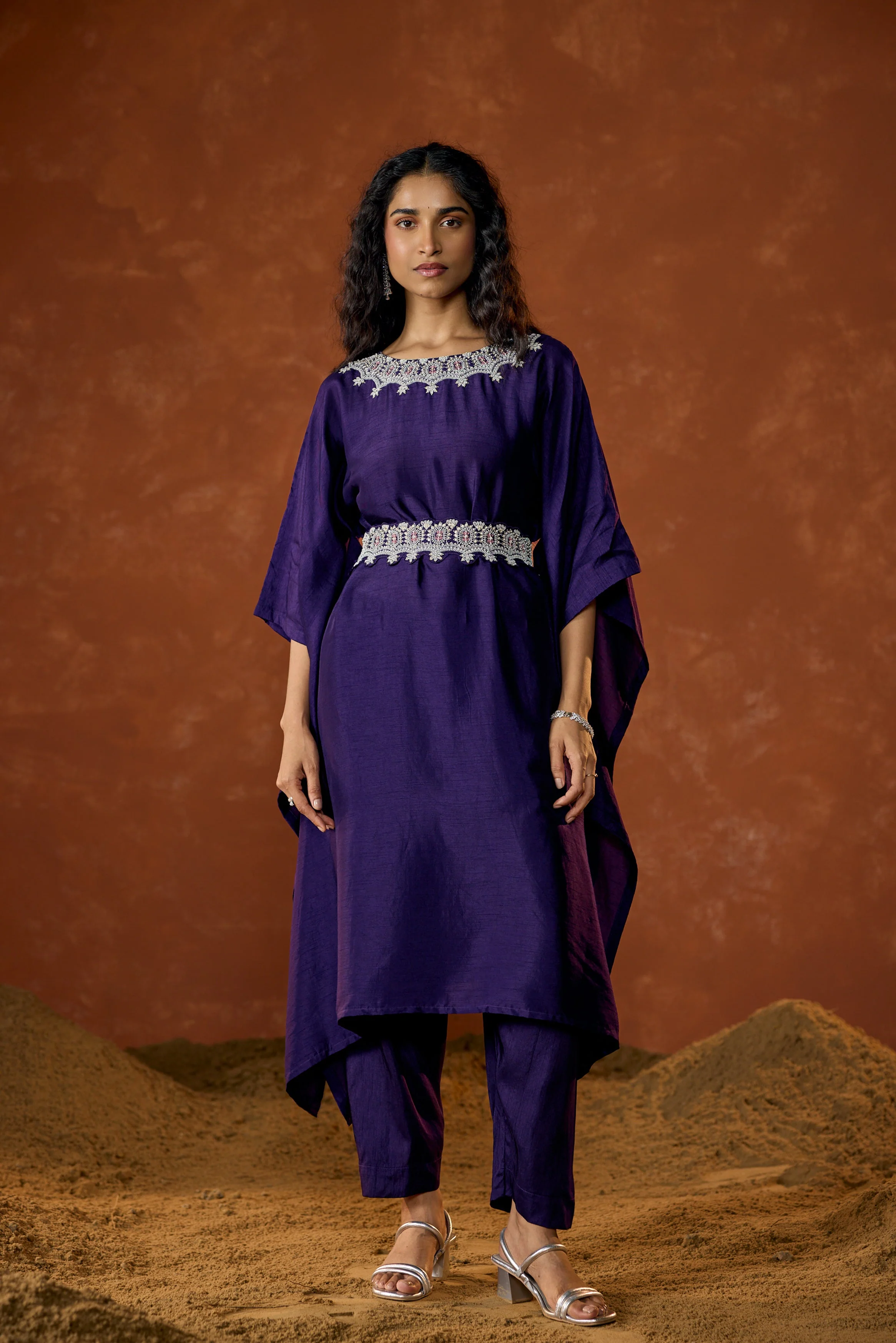 Imperial Purple Embellished Raw Silk Kaftan Set - Image 4