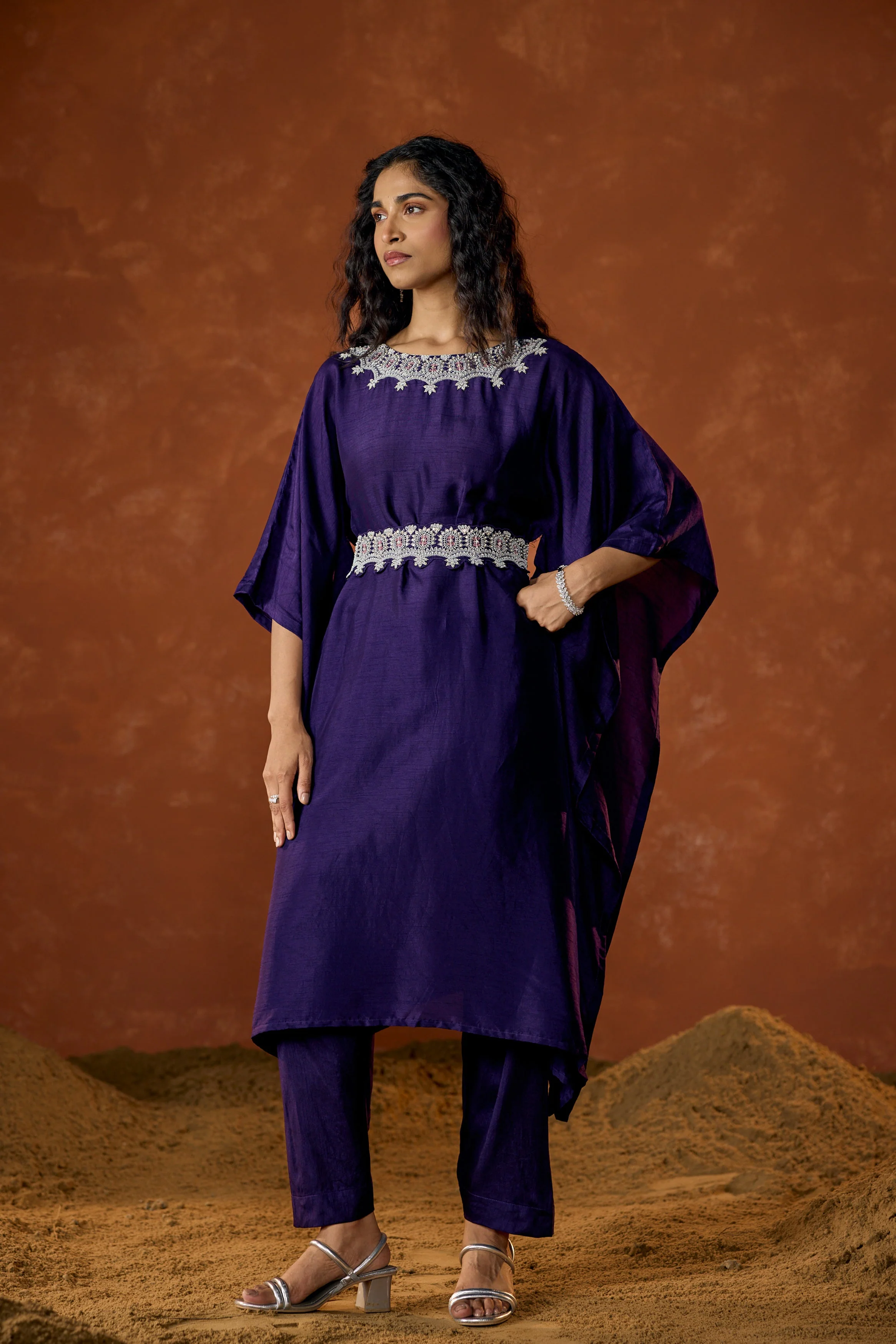 Imperial Purple Embellished Raw Silk Kaftan Set - Image 5