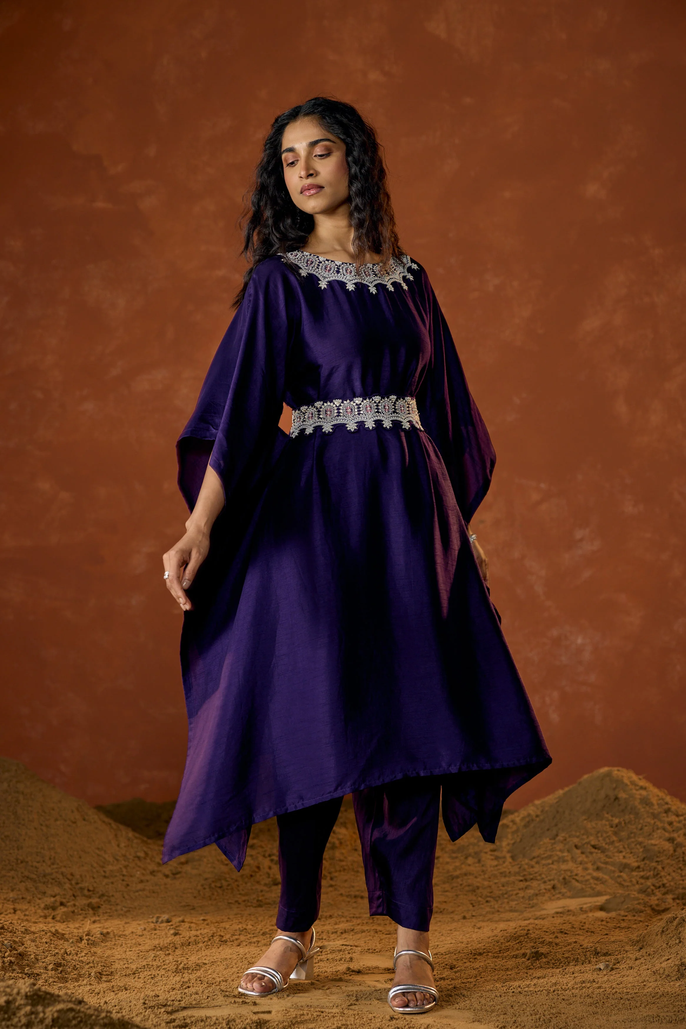 Imperial Purple Embellished Raw Silk Kaftan Set - Image 6