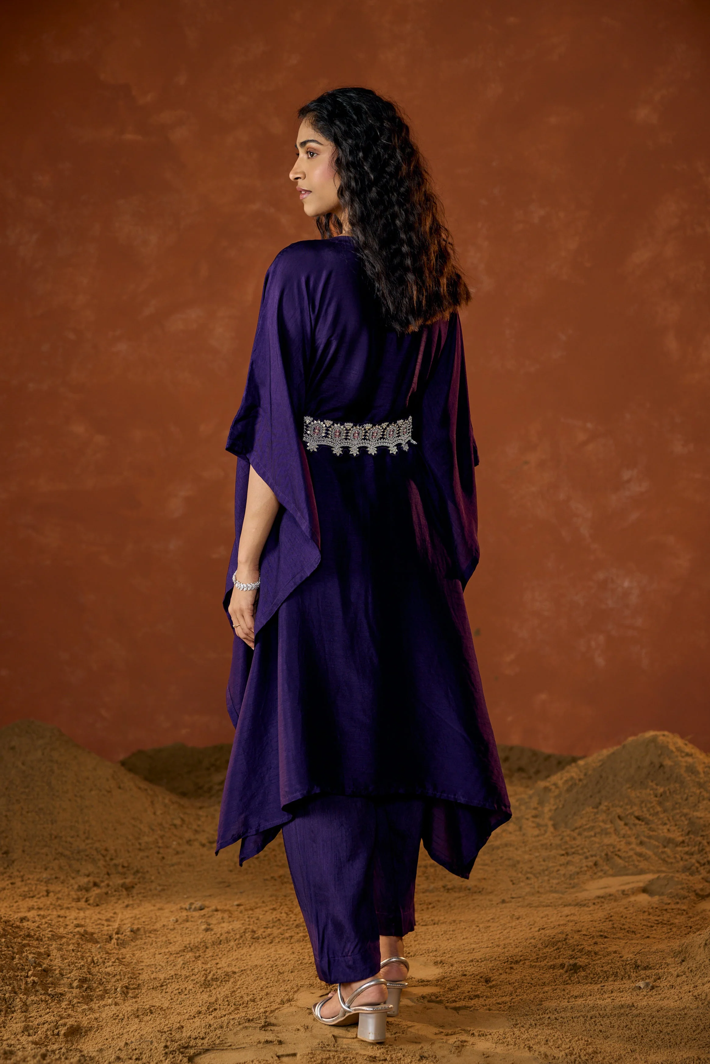 Imperial Purple Embellished Raw Silk Kaftan Set - Image 7