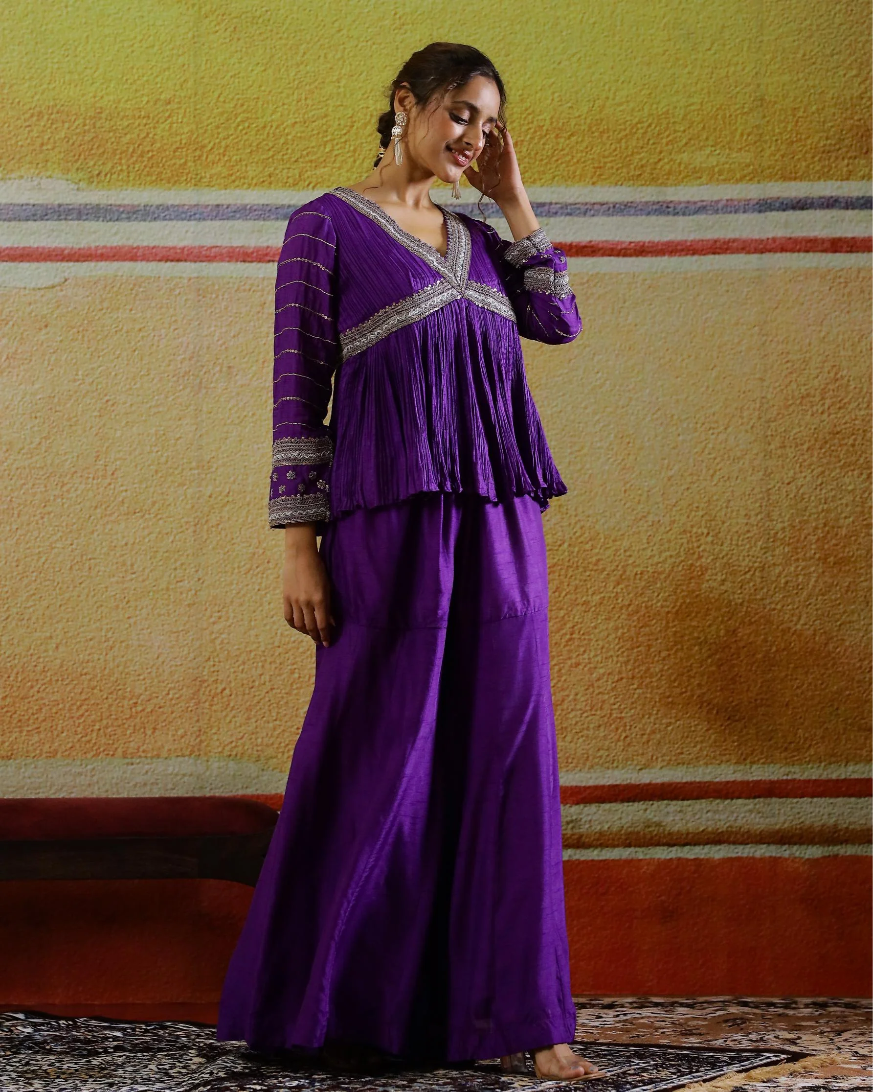 Purple Embellished Raw Silk Sharara Set - Image 3