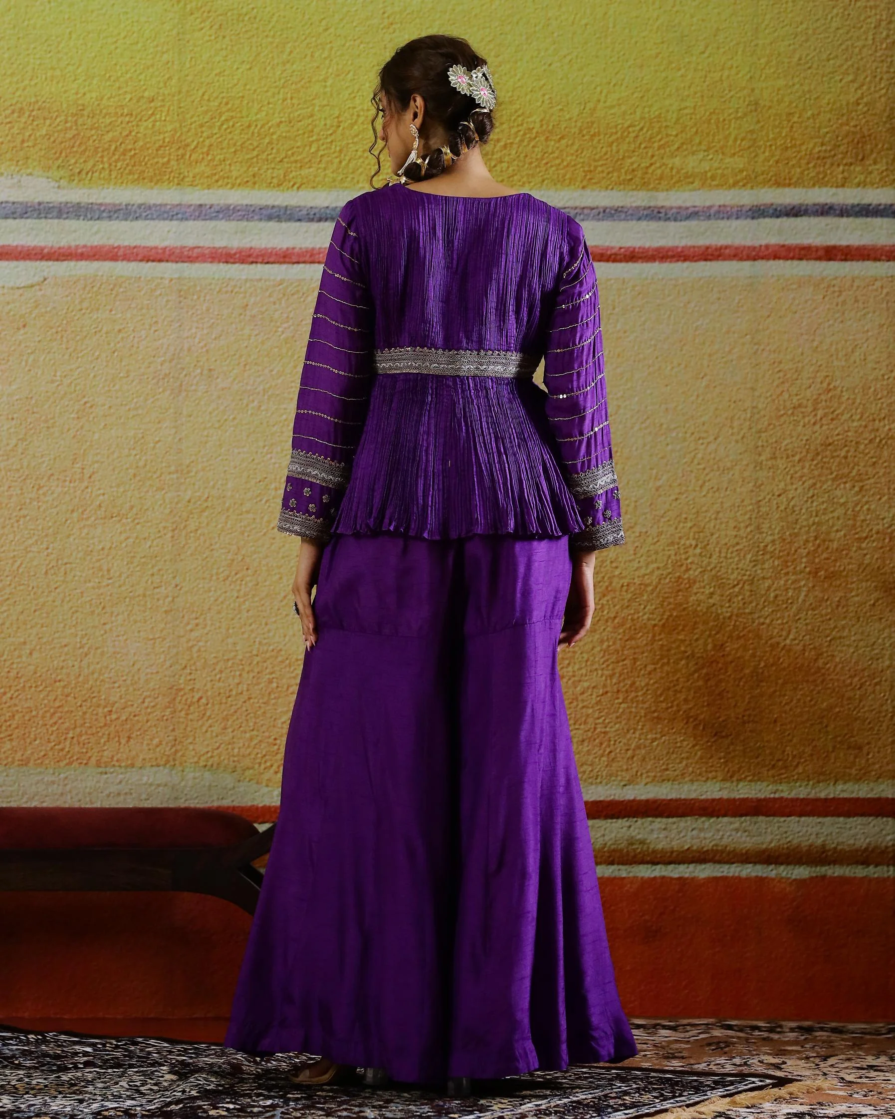 Purple Embellished Raw Silk Sharara Set - Image 5