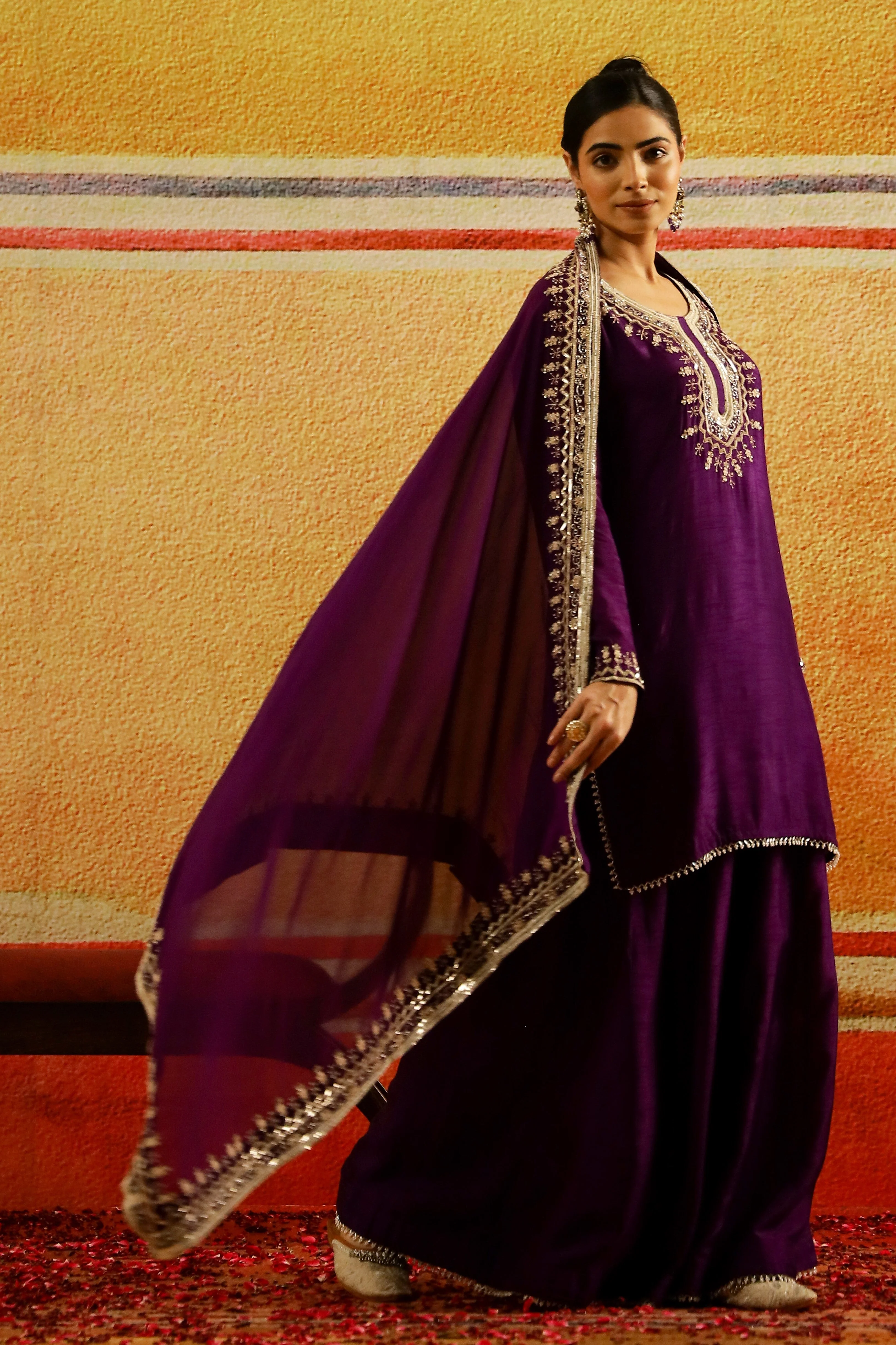 Purple Embellished Raw Silk Palazzo Set - Image 3
