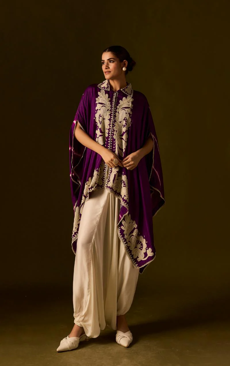 Royal Purple Embroidered Raw Silk Kaftan Set - Image 3