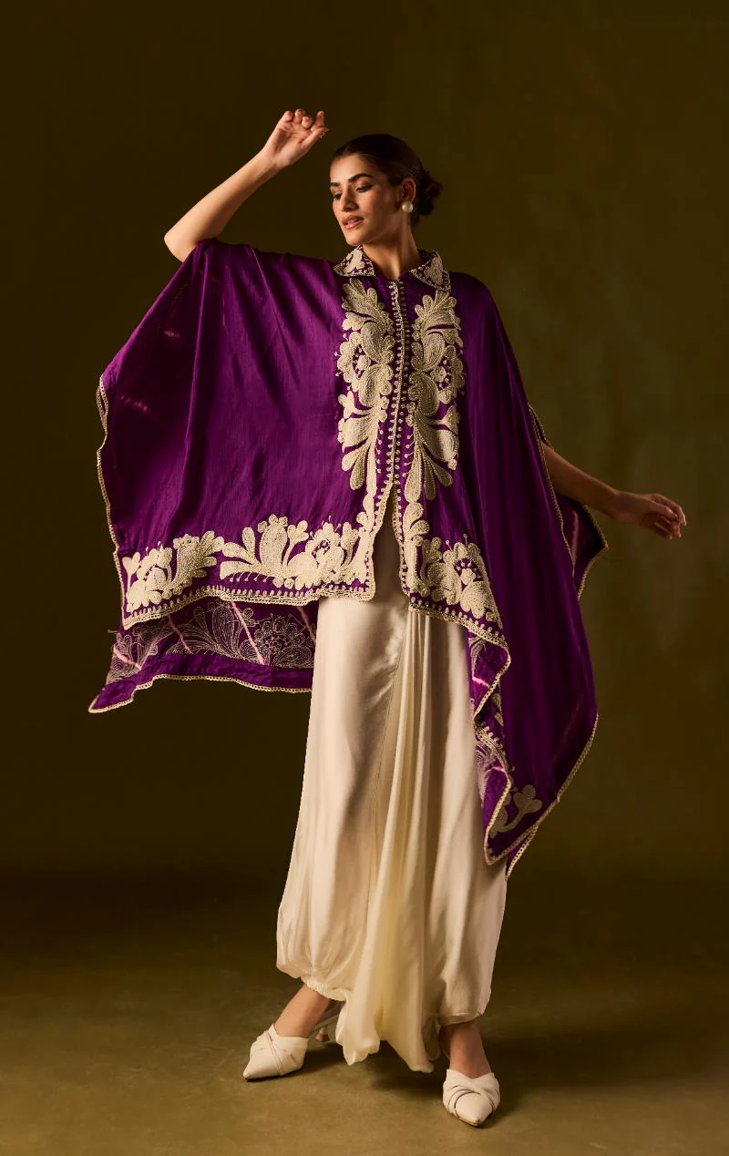 Royal Purple Embroidered Raw Silk Kaftan Set - Image 4