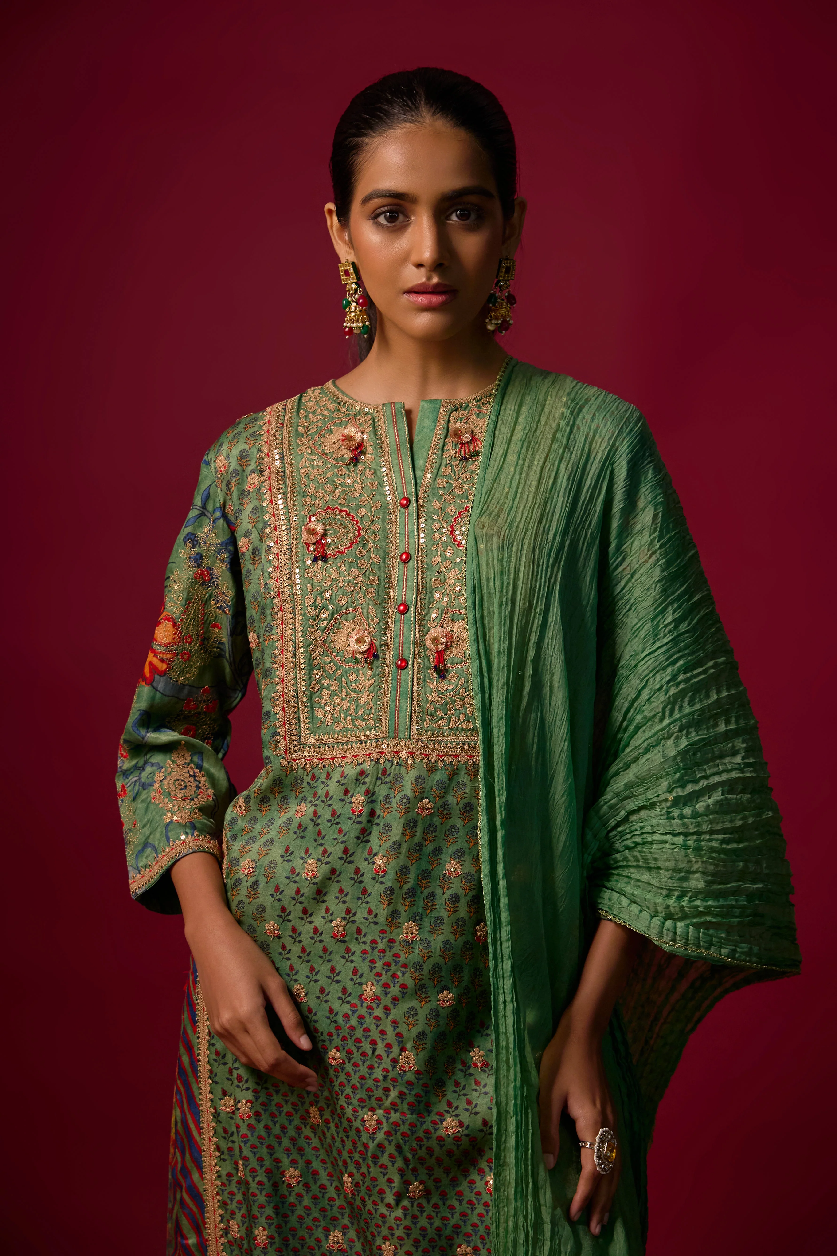 Rama Green Embellished Slub Silk Palazzo Set - Image 2