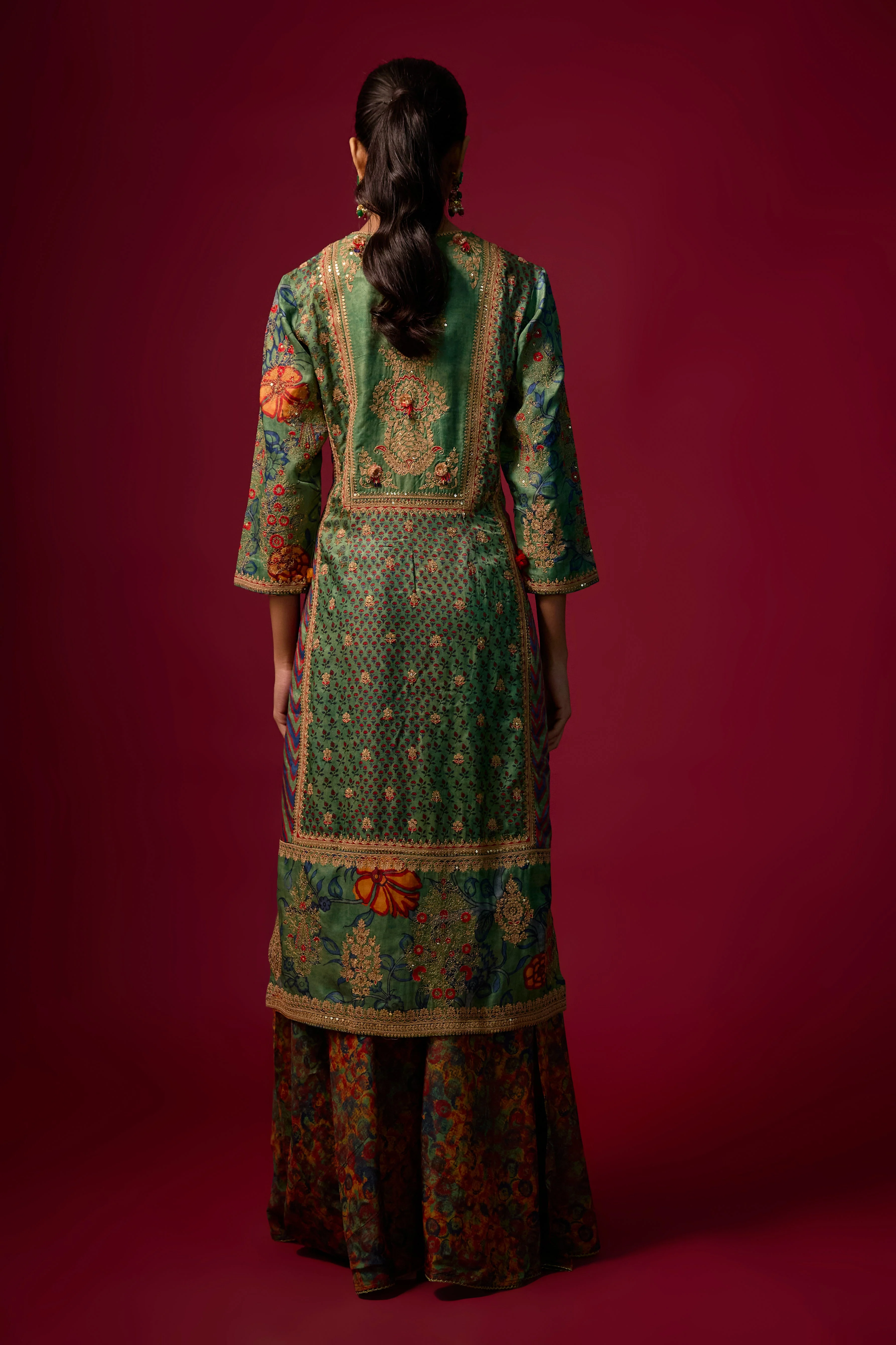 Rama Green Embellished Slub Silk Palazzo Set - Image 4