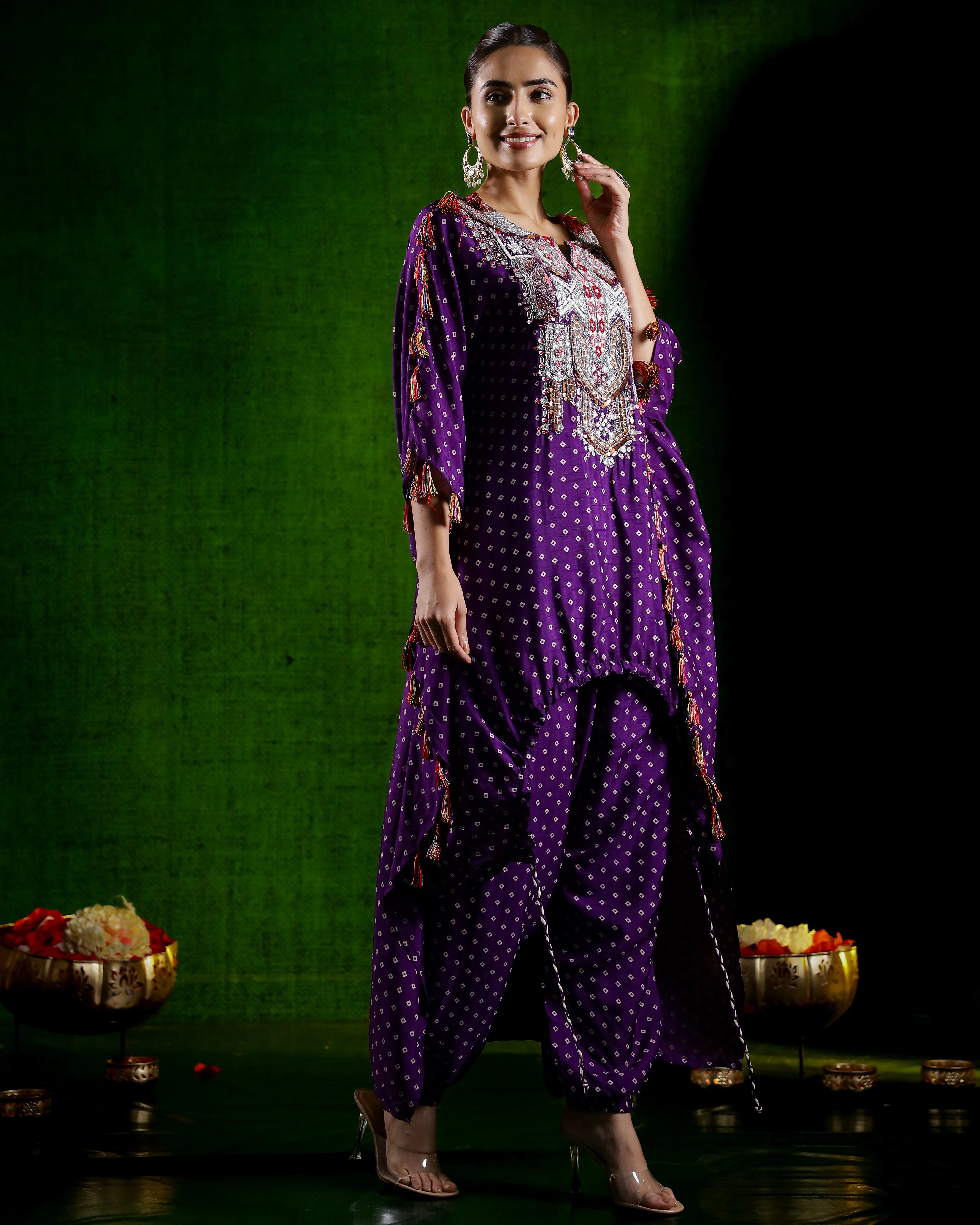 Purple Embellished Spanish Silk Kaftan Set - Image 3