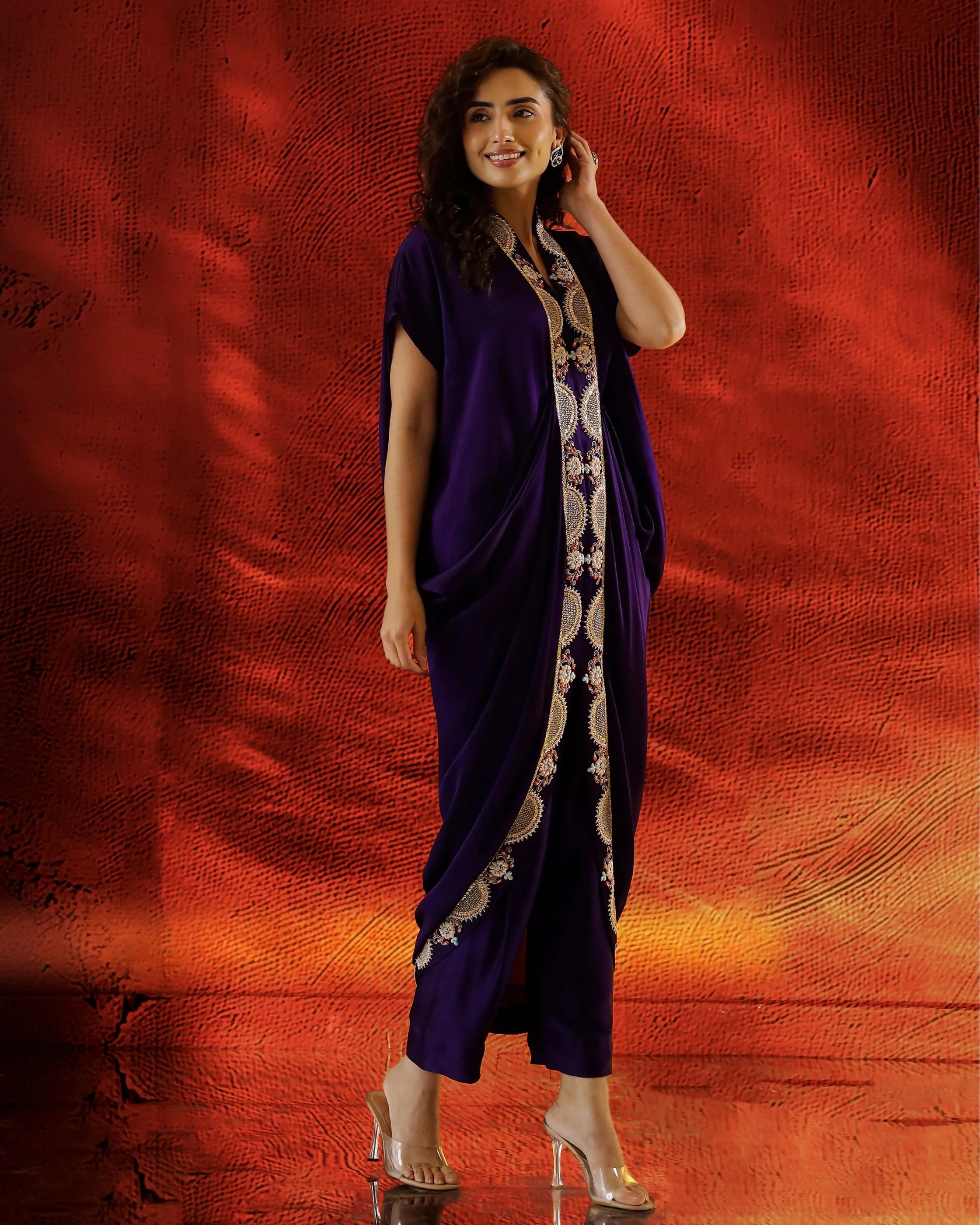 Purple Embellished Satin Silk Dress With Pants - Image 3