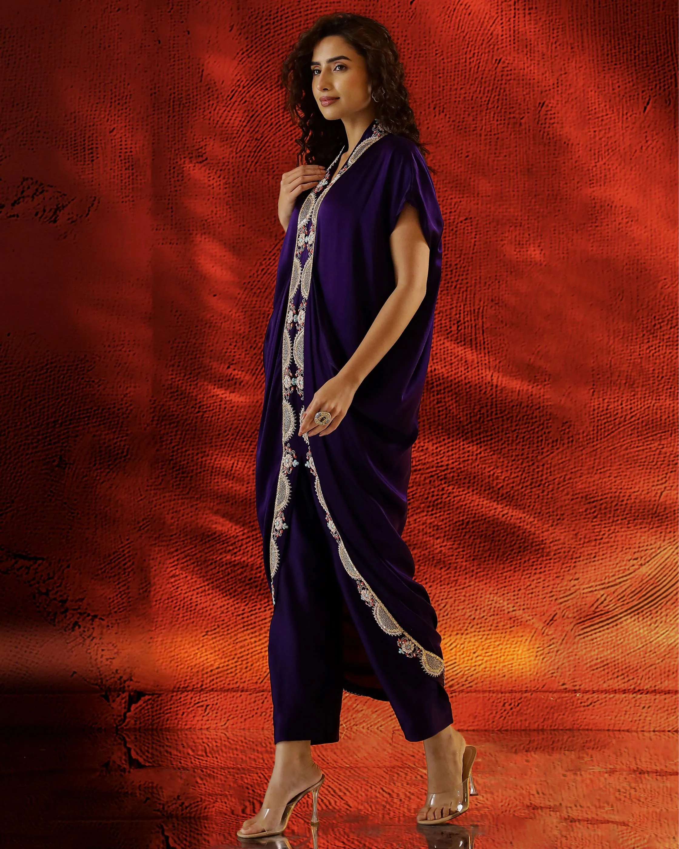 Purple Embellished Satin Silk Dress With Pants - Image 4