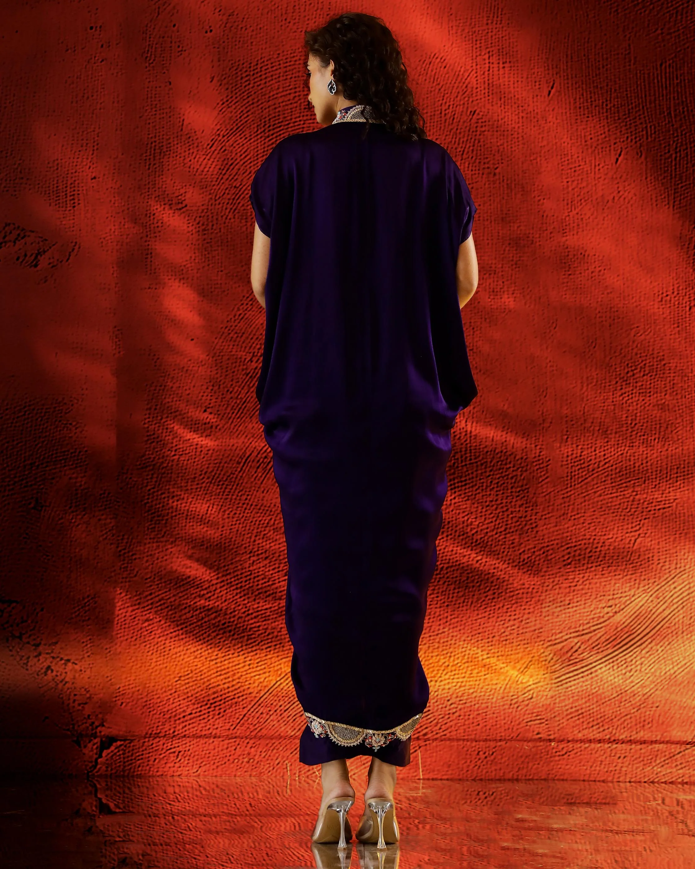 Purple Embellished Satin Silk Dress With Pants - Image 5