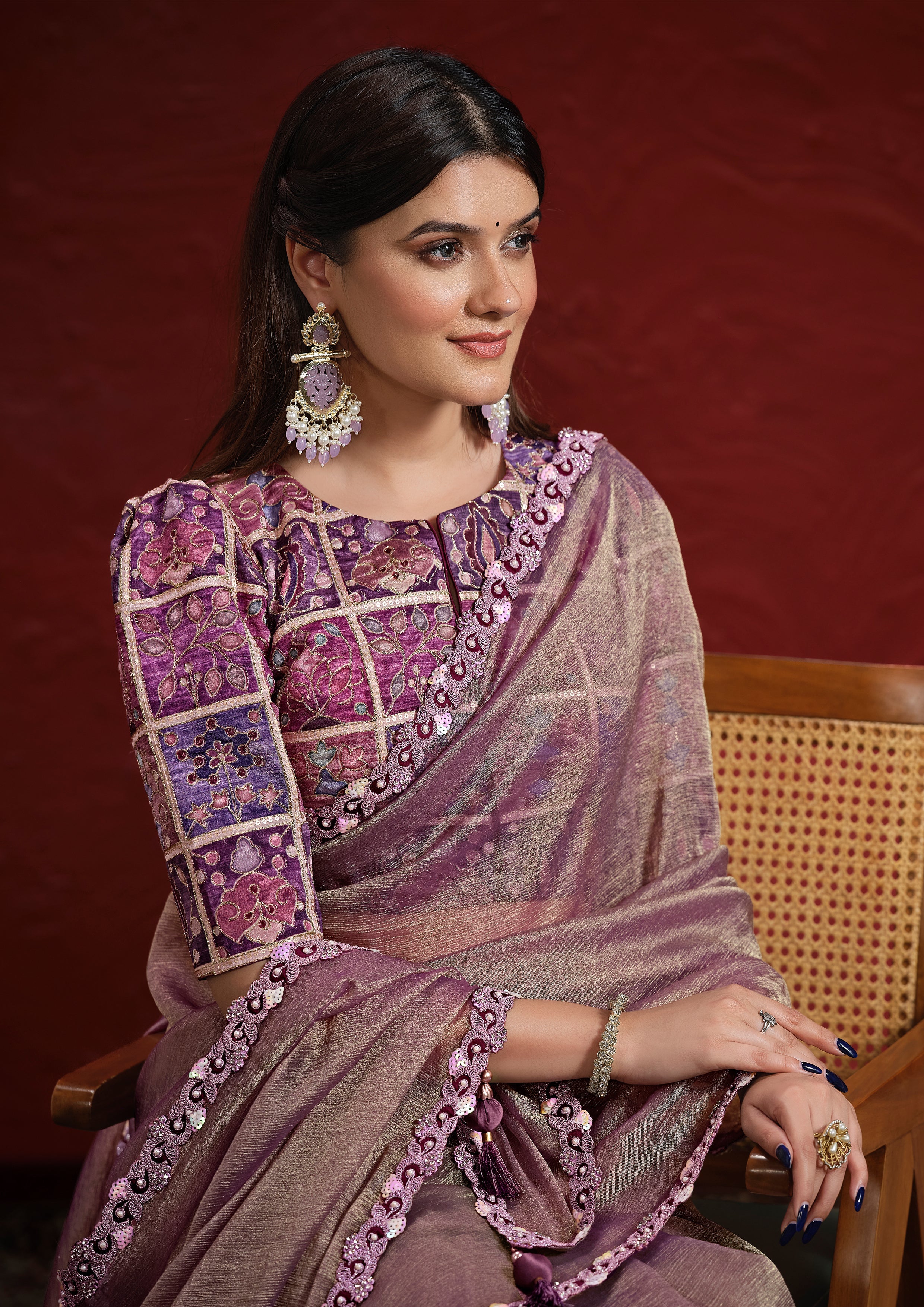 Mauve Embellished Tissue Silk Saree - Image 2