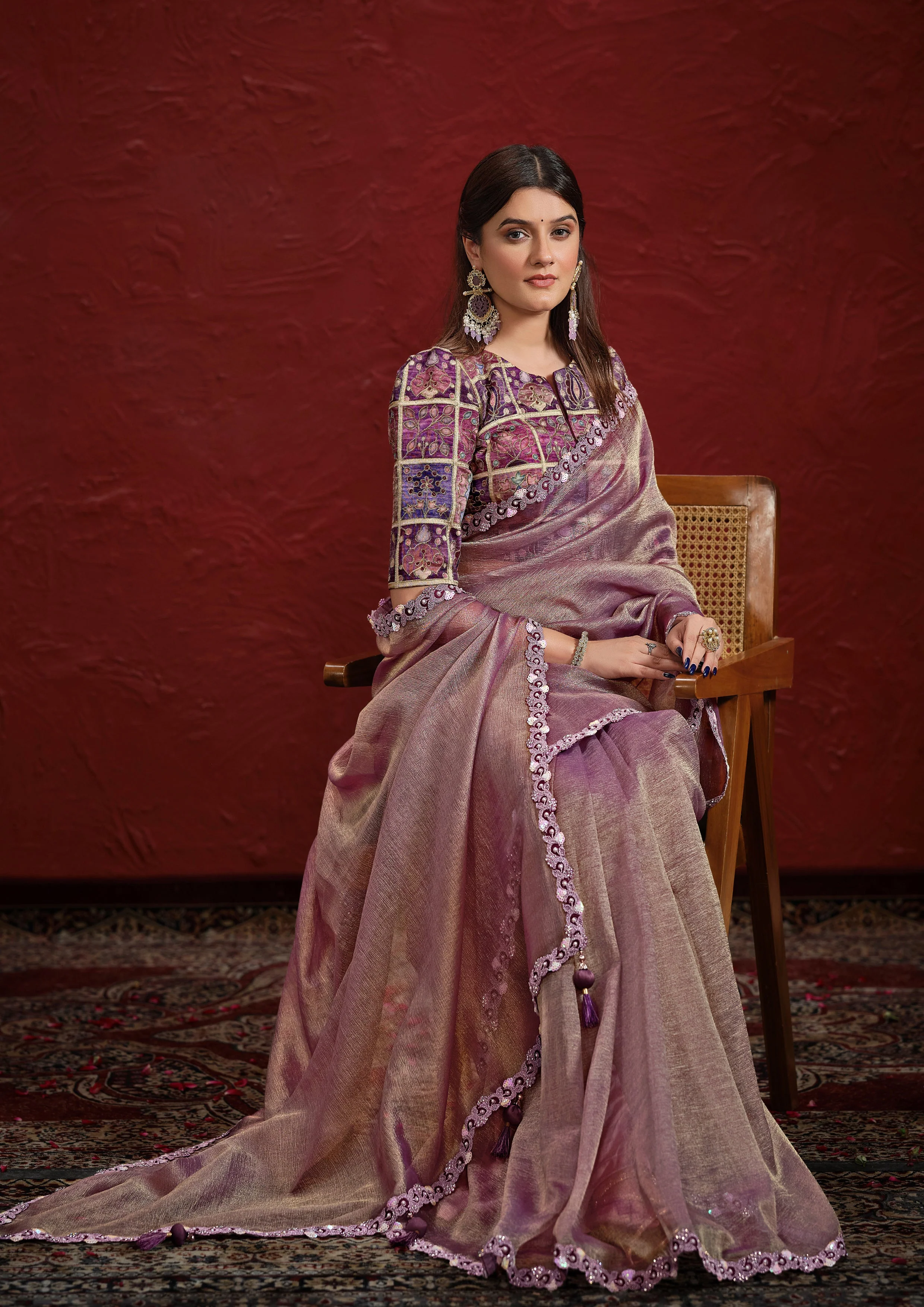 Mauve Embellished Tissue Silk Saree - Image 3