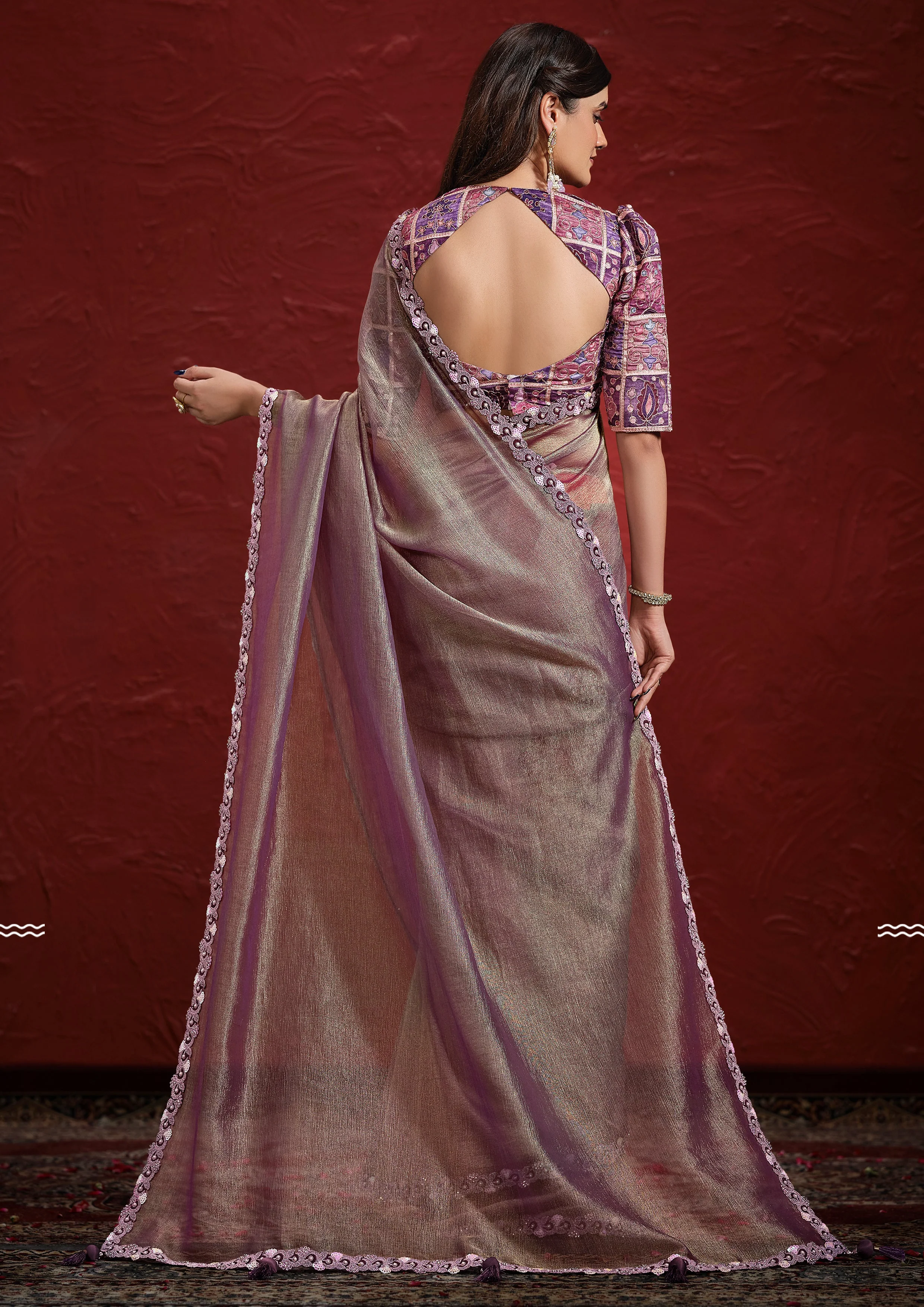 Mauve Embellished Tissue Silk Saree - Image 4