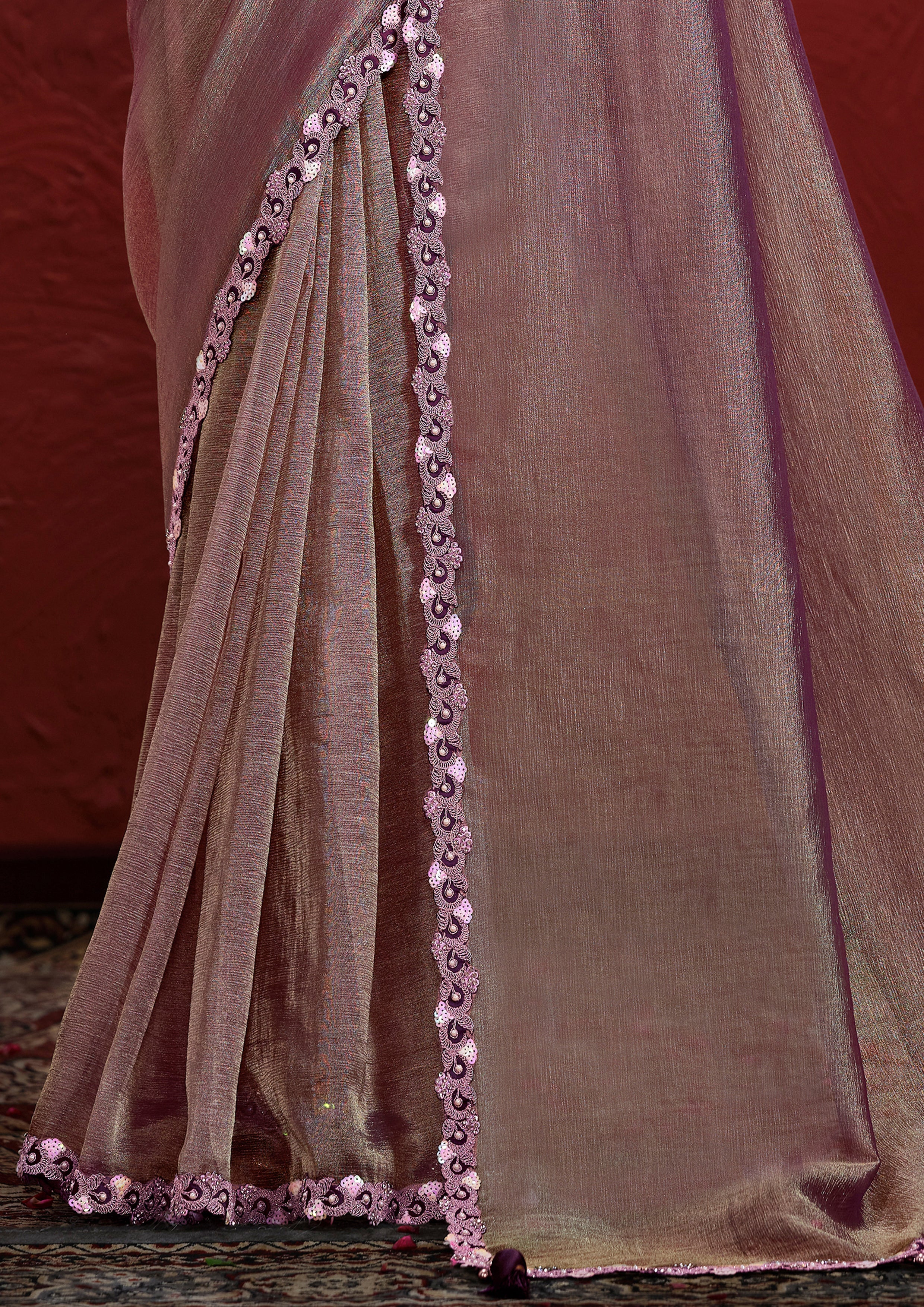 Mauve Embellished Tissue Silk Saree - Image 5
