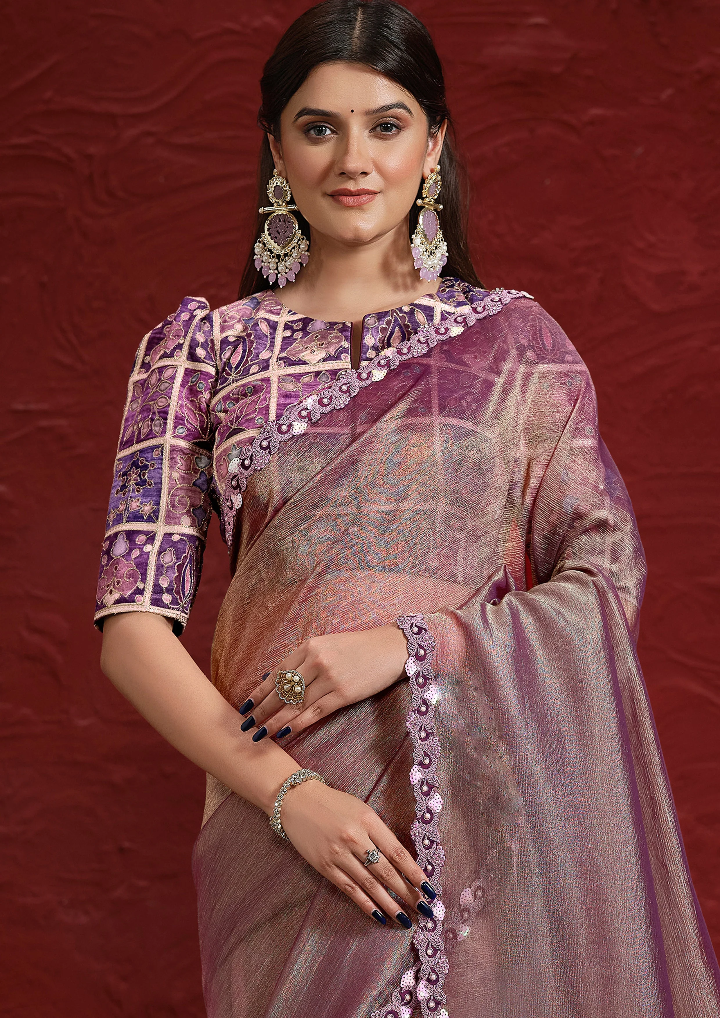 Mauve Embellished Tissue Silk Saree - Image 6