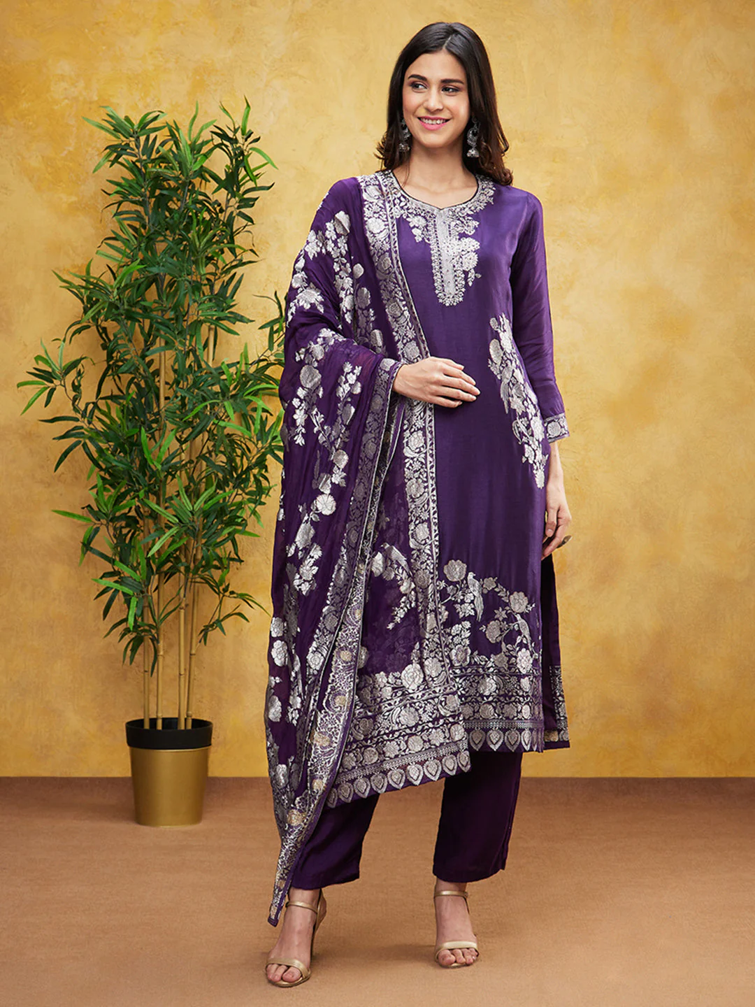 Purple Embroidered Brocade Silk Pants Set - Image 3