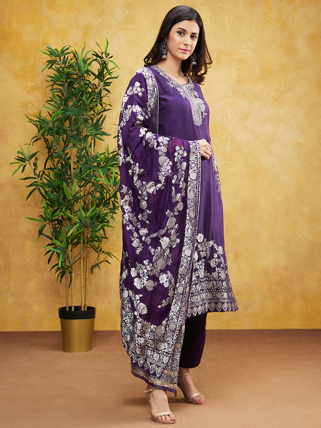 Purple Embroidered Brocade Silk Pants Set - Image 4