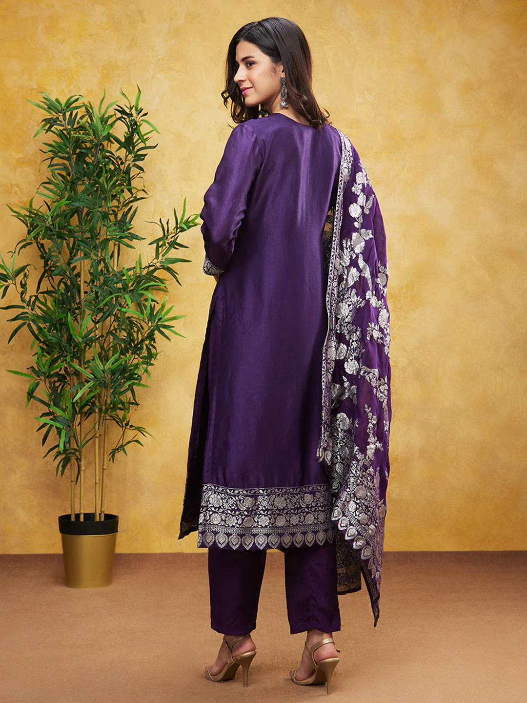 Purple Embroidered Brocade Silk Pants Set - Image 5